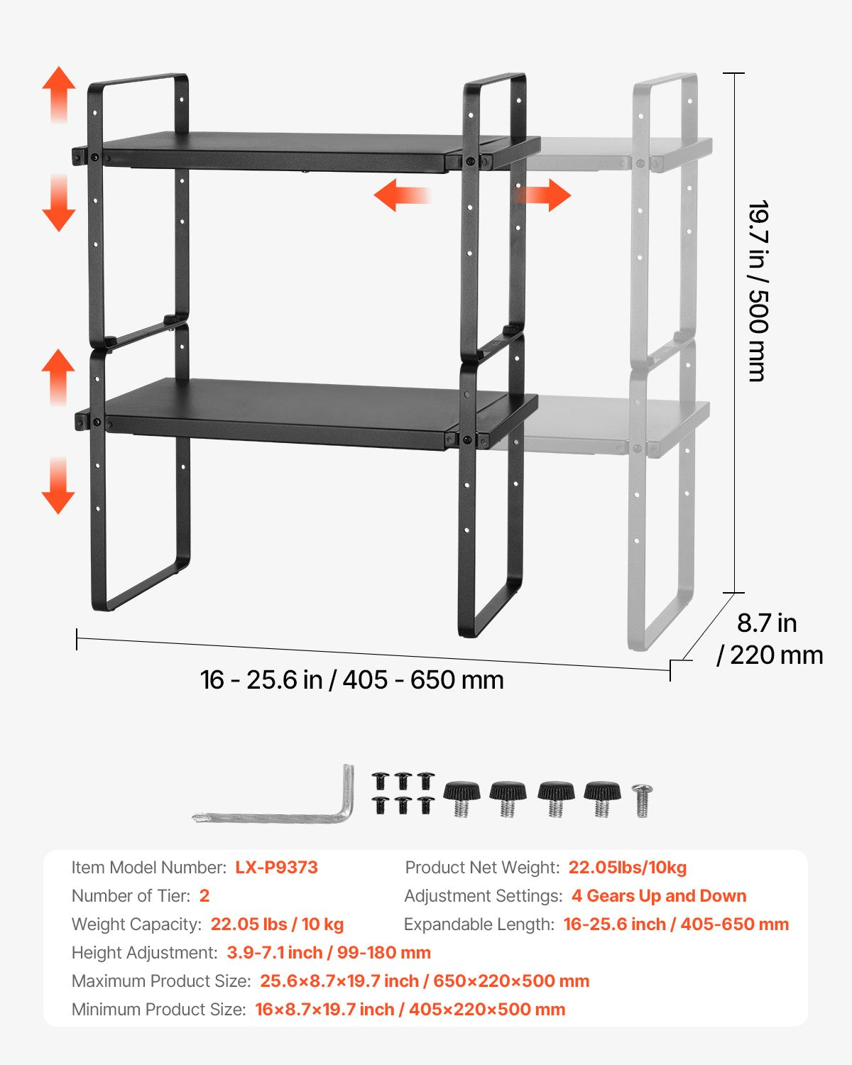 Virtuvės spintelės lentynų organizatorius VEVOR LX-P9373, reguliuojamas ilgis 40,5–65 cm