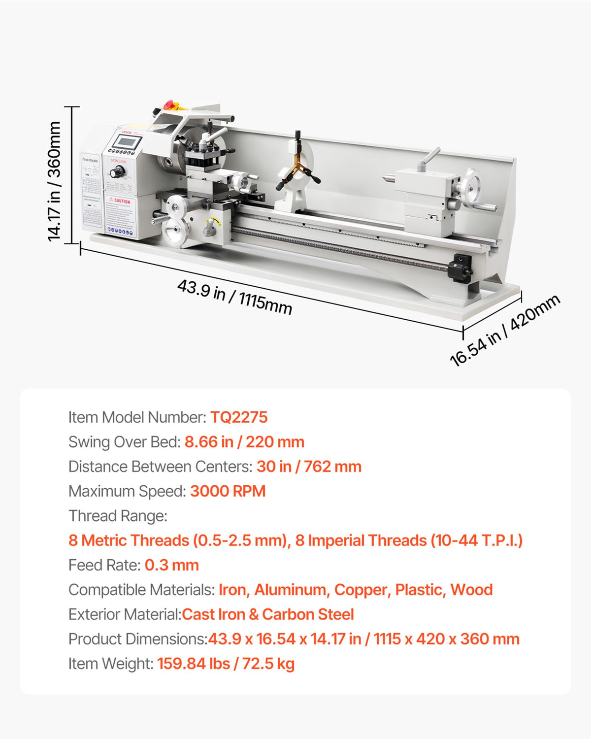 Metalo tekinimo staklės VEVOR TQ2275, 1100 W