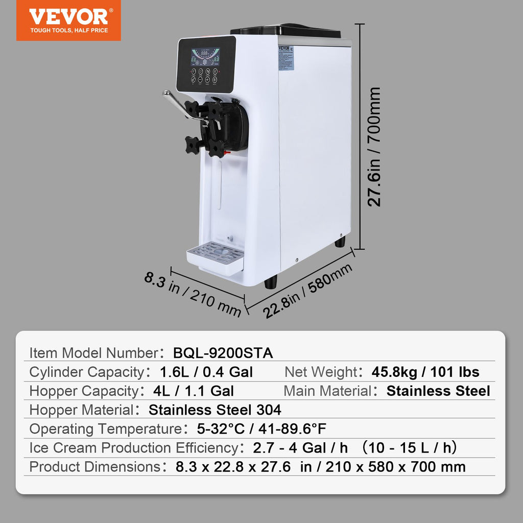 Komercinis minkštų ledų aparatas VEVOR BQL-9200STA, 10 l/val. našumas
