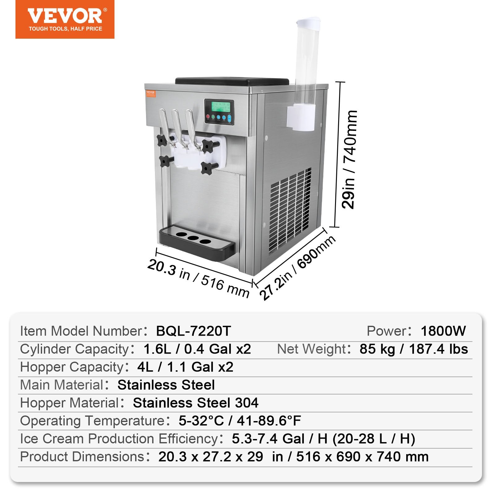 Pramoninis minkštų ledų aparatas VEVOR BQL-7220T, 1800W