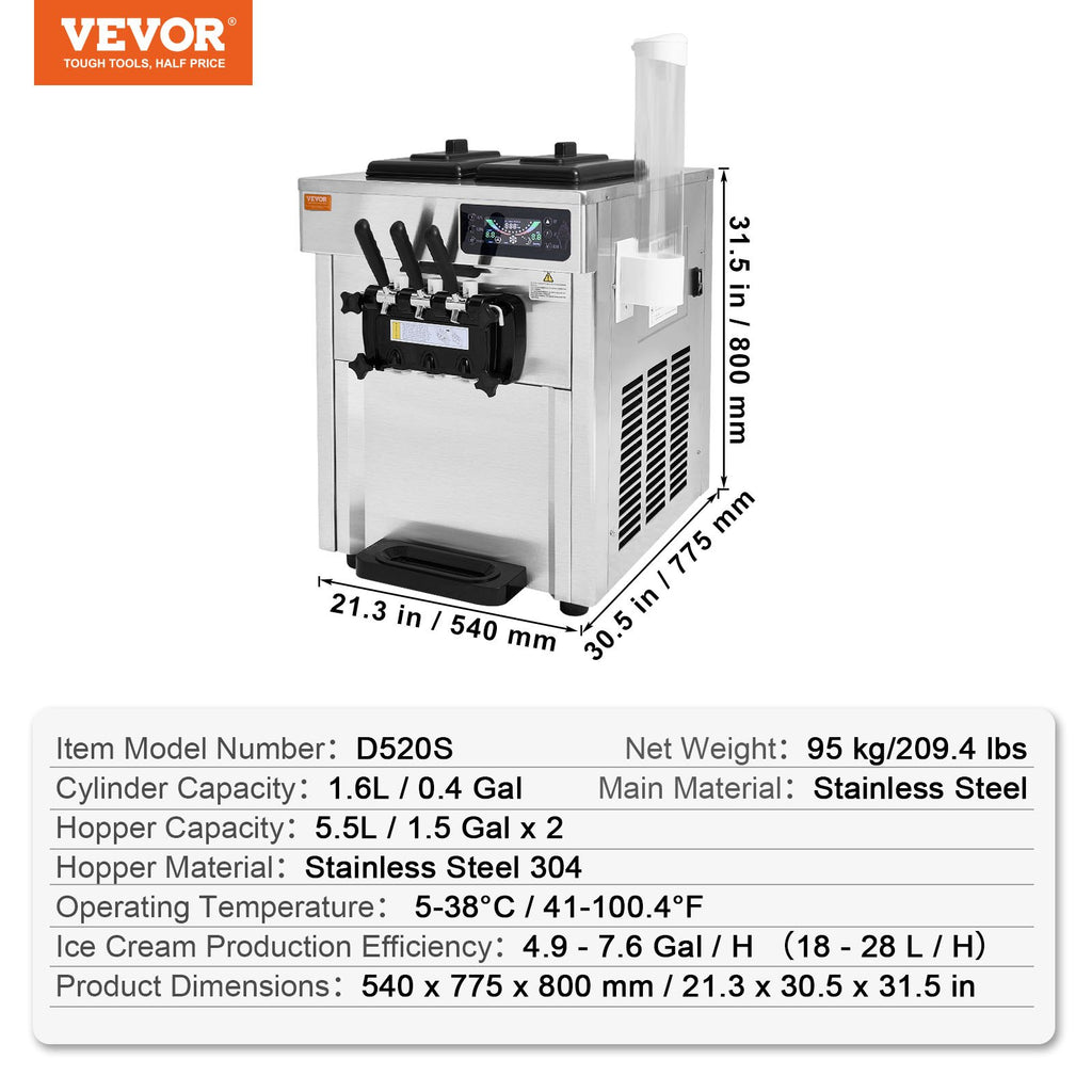 Pramoninis minkštų ledų aparatas VEVOR D520S, 18-28 l/val.