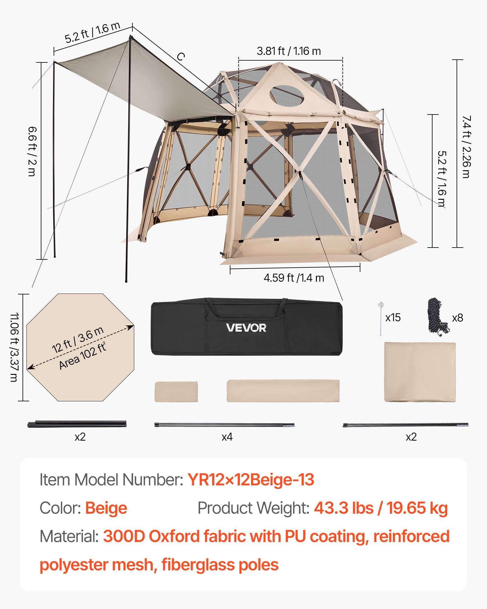 Iššokanti pavėsinė-palapinė VEVOR YR12x12Beige-13, 3,6x3,6 m