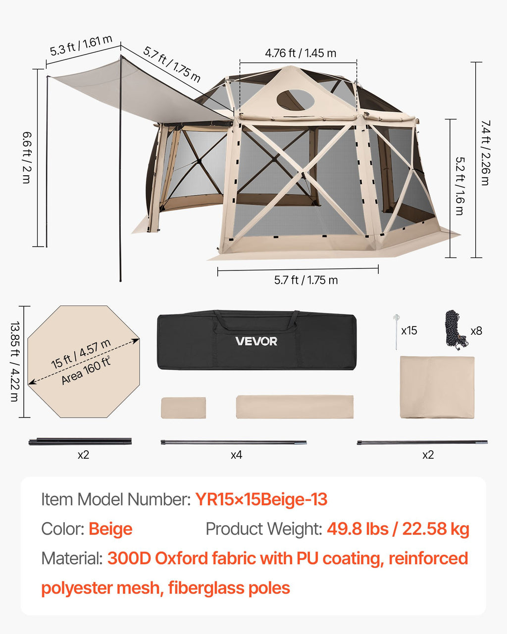 Išskleidžiama pavėsinė-palapinė VEVOR YR15x15Beige-13, 4,57 x 4,57 m