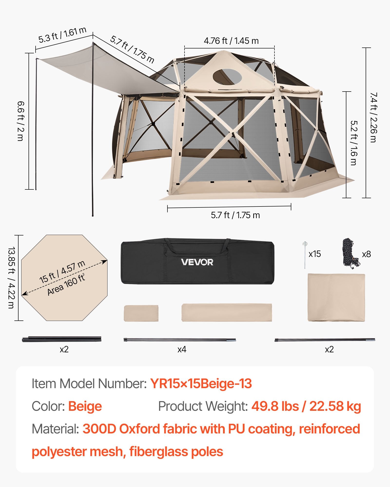 Išskleidžiama pavėsinė-palapinė VEVOR YR15x15Beige-13, 4,57 x 4,57 m