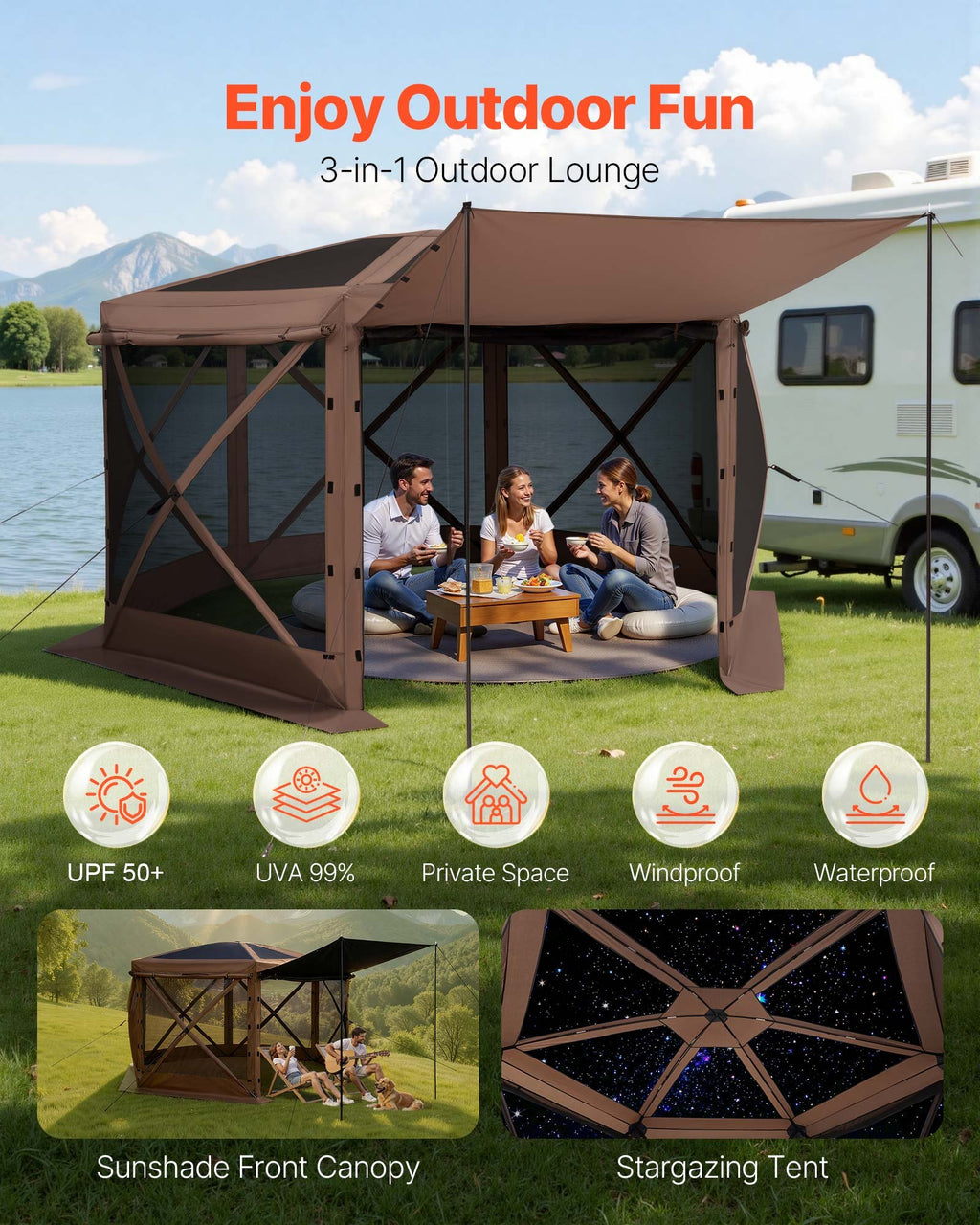 Iššokanti pavėsinė-palapinė su tinkleliu VEVOR FY12X12Brown-6, 3,6 x 3,6 m