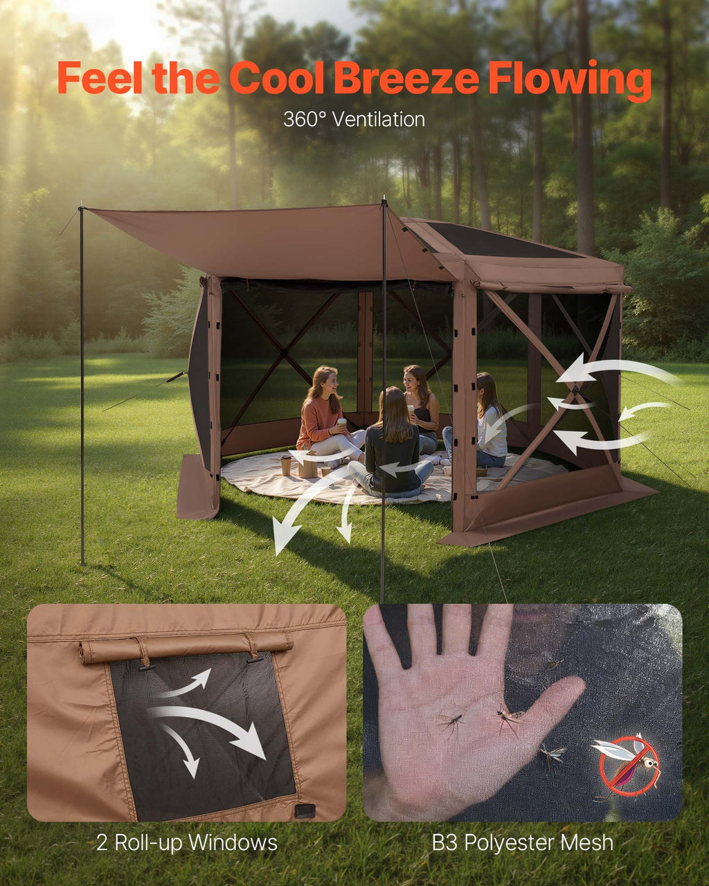 Iššokanti pavėsinė-palapinė su tinkleliu VEVOR FY12X12Brown-6, 3,6 x 3,6 m