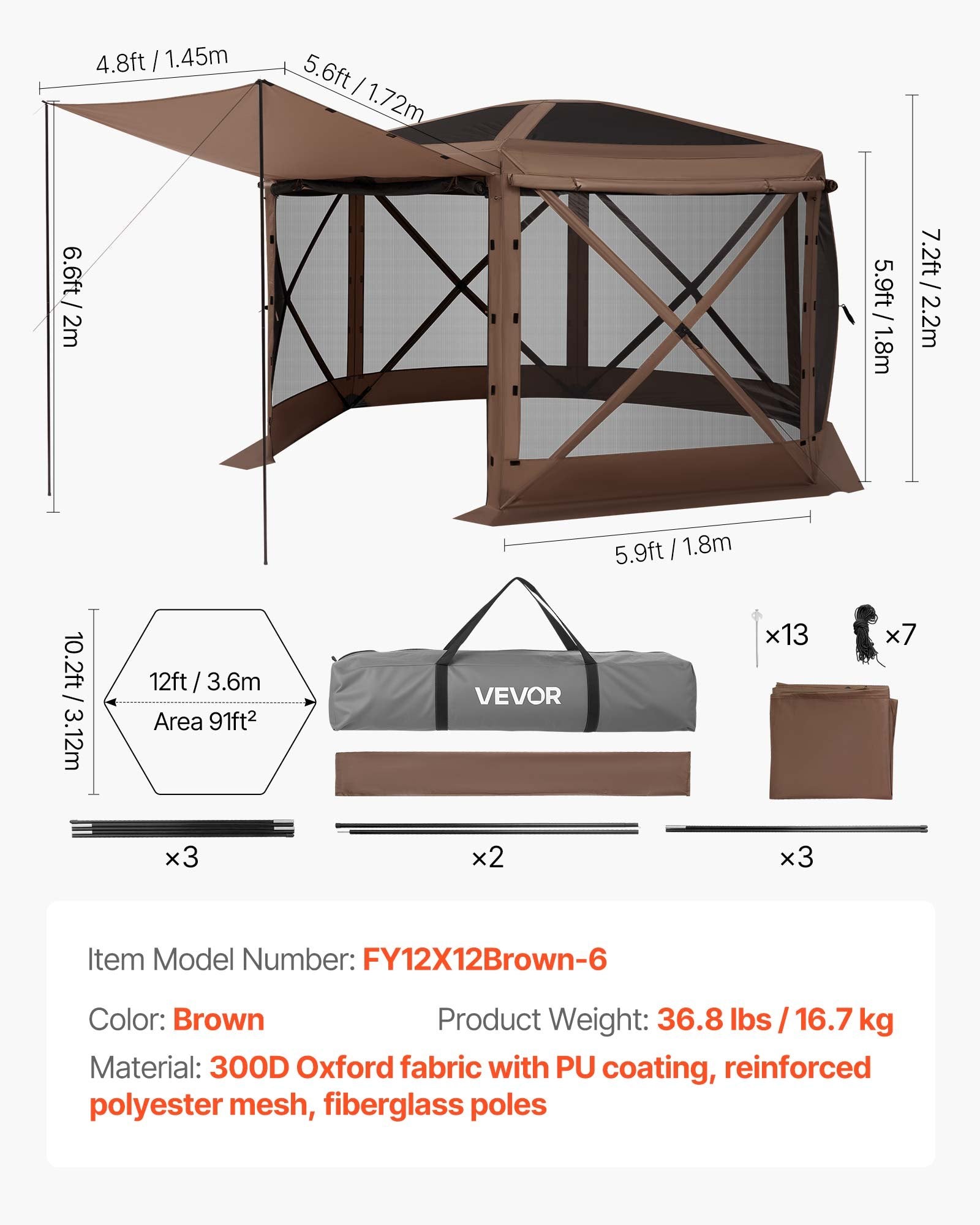 Iššokanti pavėsinė-palapinė su tinkleliu VEVOR FY12X12Brown-6, 3,6 x 3,6 m