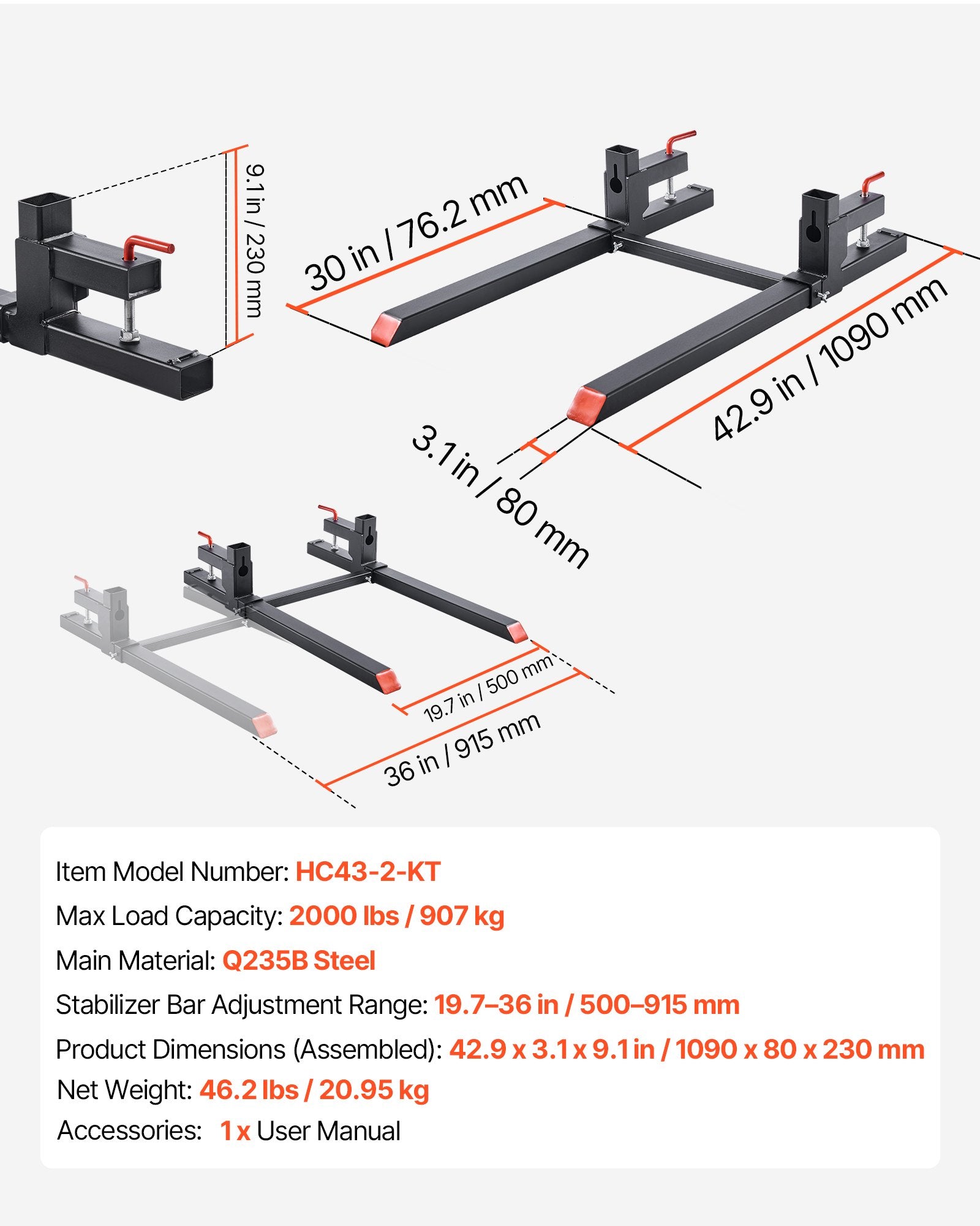 Palečių šakės VEVOR HC43-2-KT, 907 kg