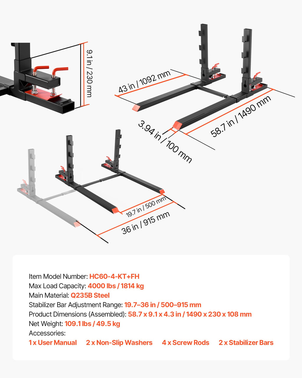 Padėklų šakės VEVOR HC60-4-KT+FH, 1814 kg keliamoji galia