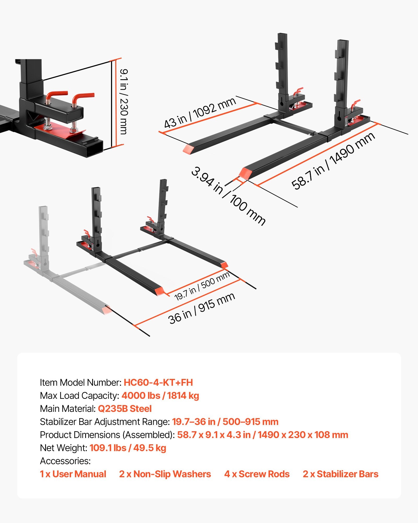 Padėklų šakės VEVOR HC60-4-KT+FH, 1814 kg keliamoji galia