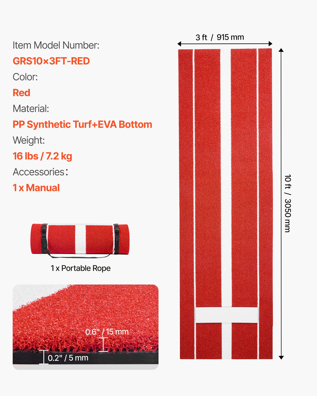 Softbolo metimo kilimėlis VEVOR GRS10x3FT-RED, 305x92 cm