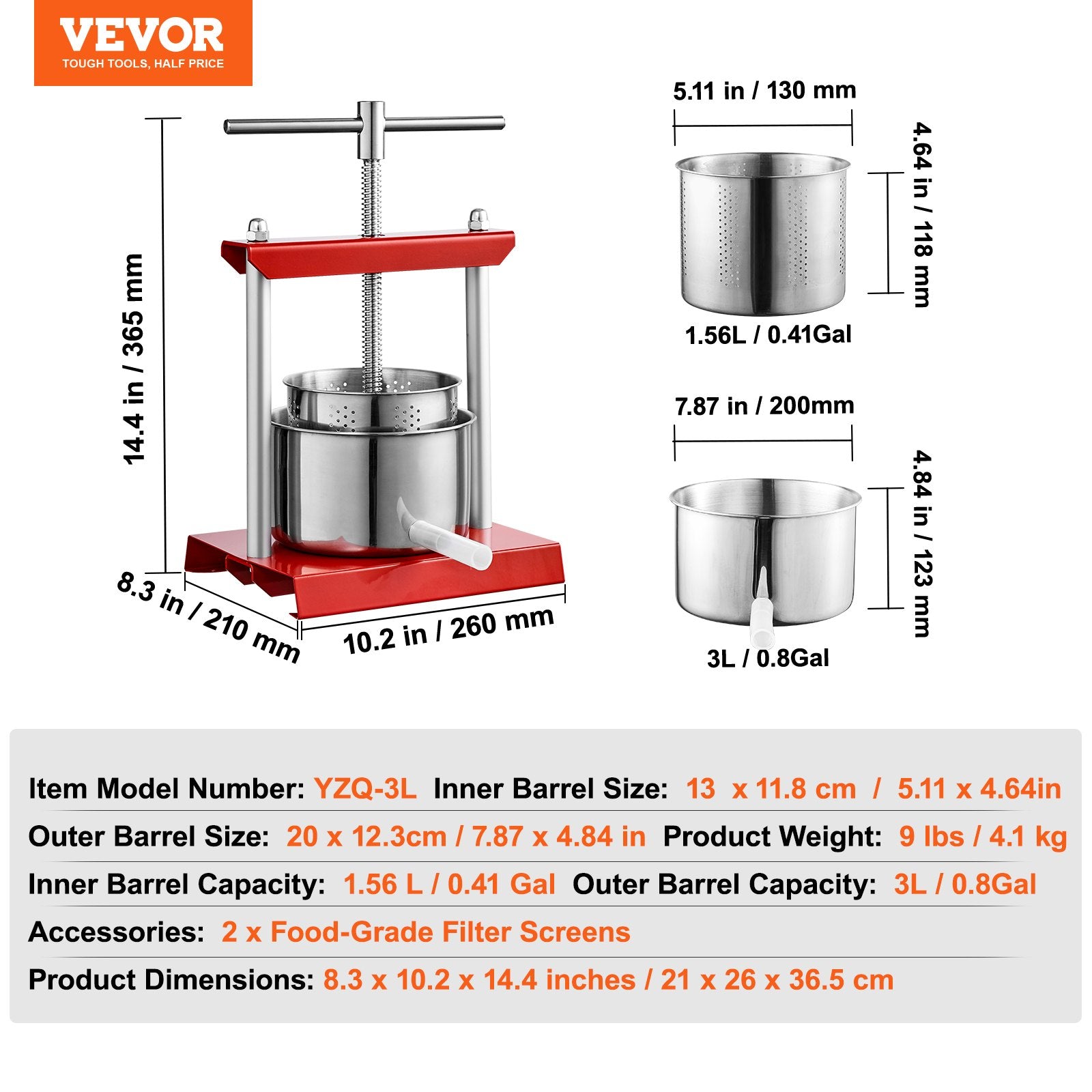 Vaisių ir uogų presas VEVOR YZQ-3L, 3 l talpa