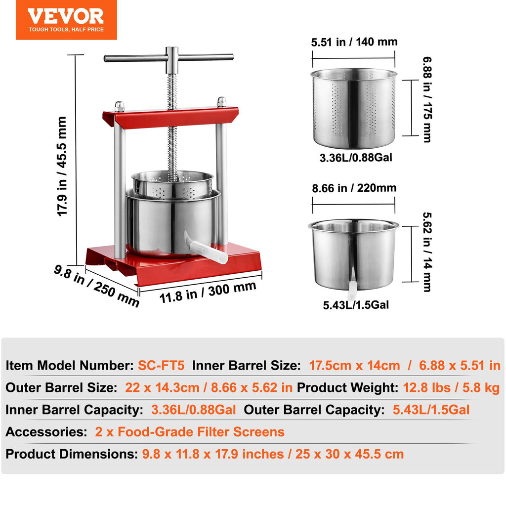 Vaisių ir vyno presas VEVOR SC-FT5, 3,36 l