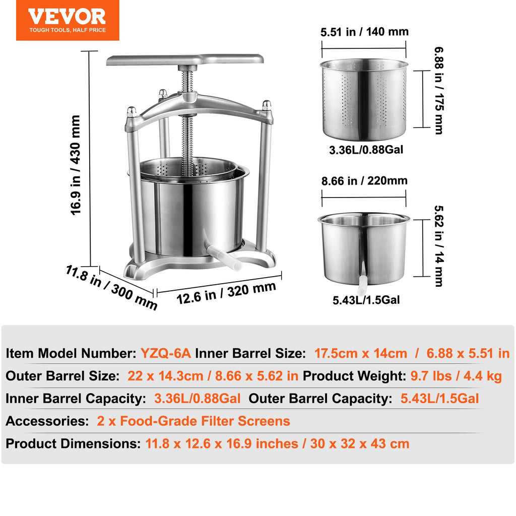 Vaisių ir uogų presas VEVOR YZQ-6A, 5,5 l