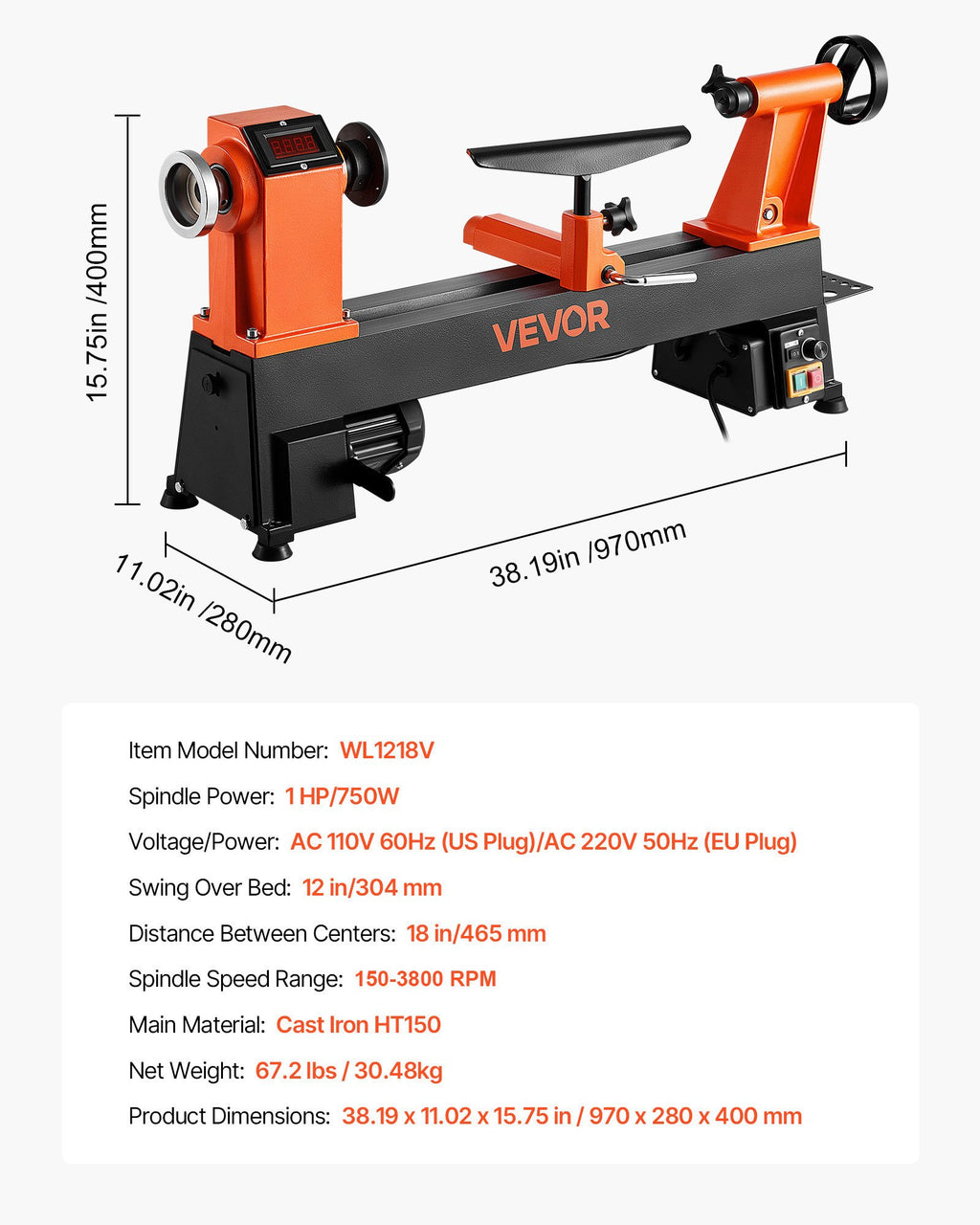 Medžio apdirbimo staklės VEVOR WL1218V, 750 W