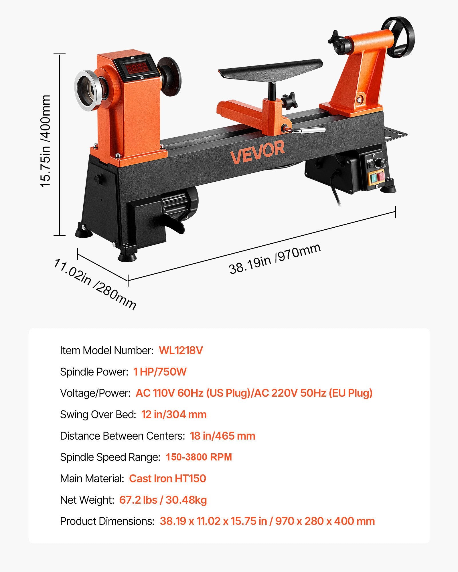 Medžio apdirbimo staklės VEVOR WL1218V, 750 W