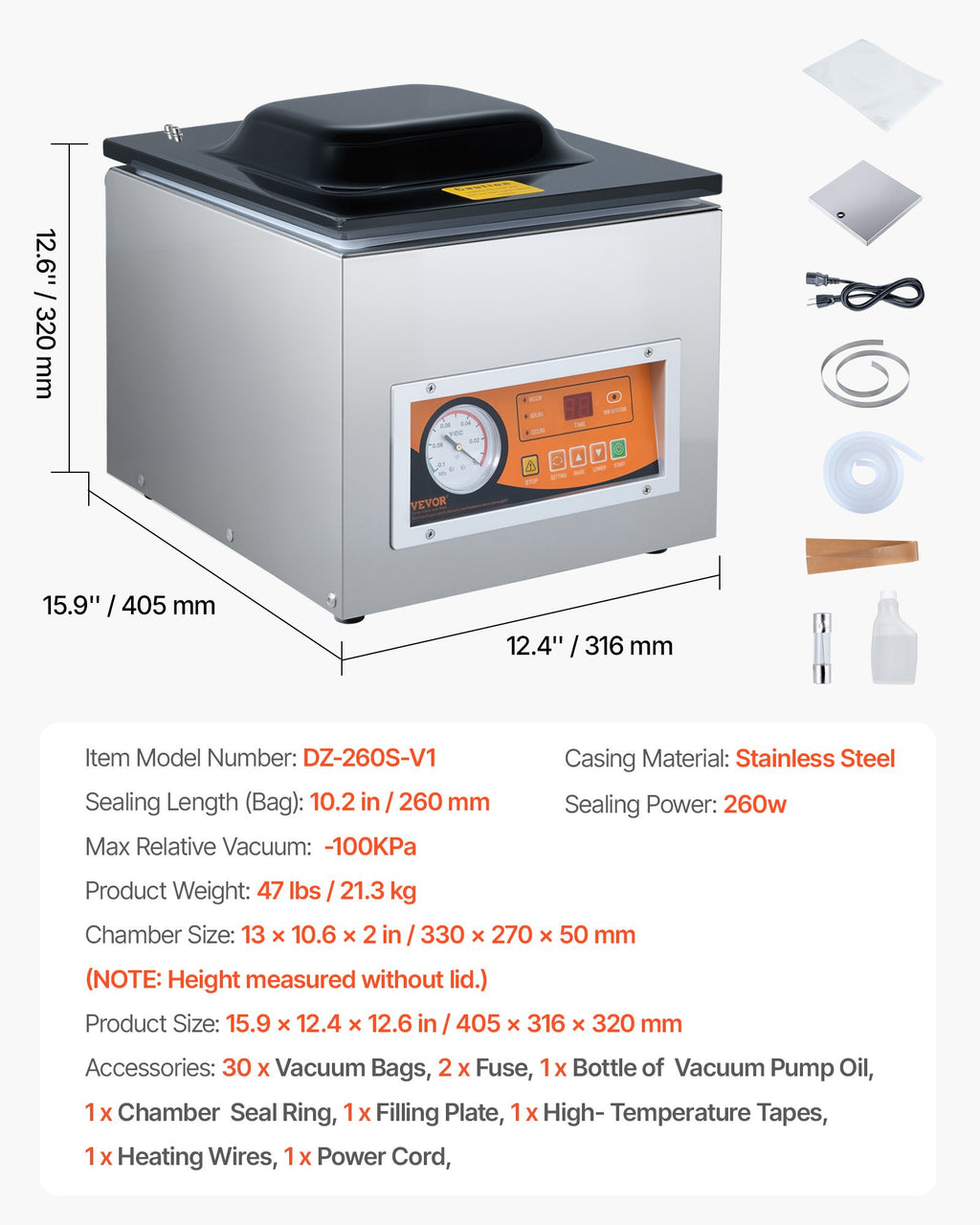Kamerinis vakuuminis pakavimo aparatas VEVOR DZ-260S-V2, 260 W