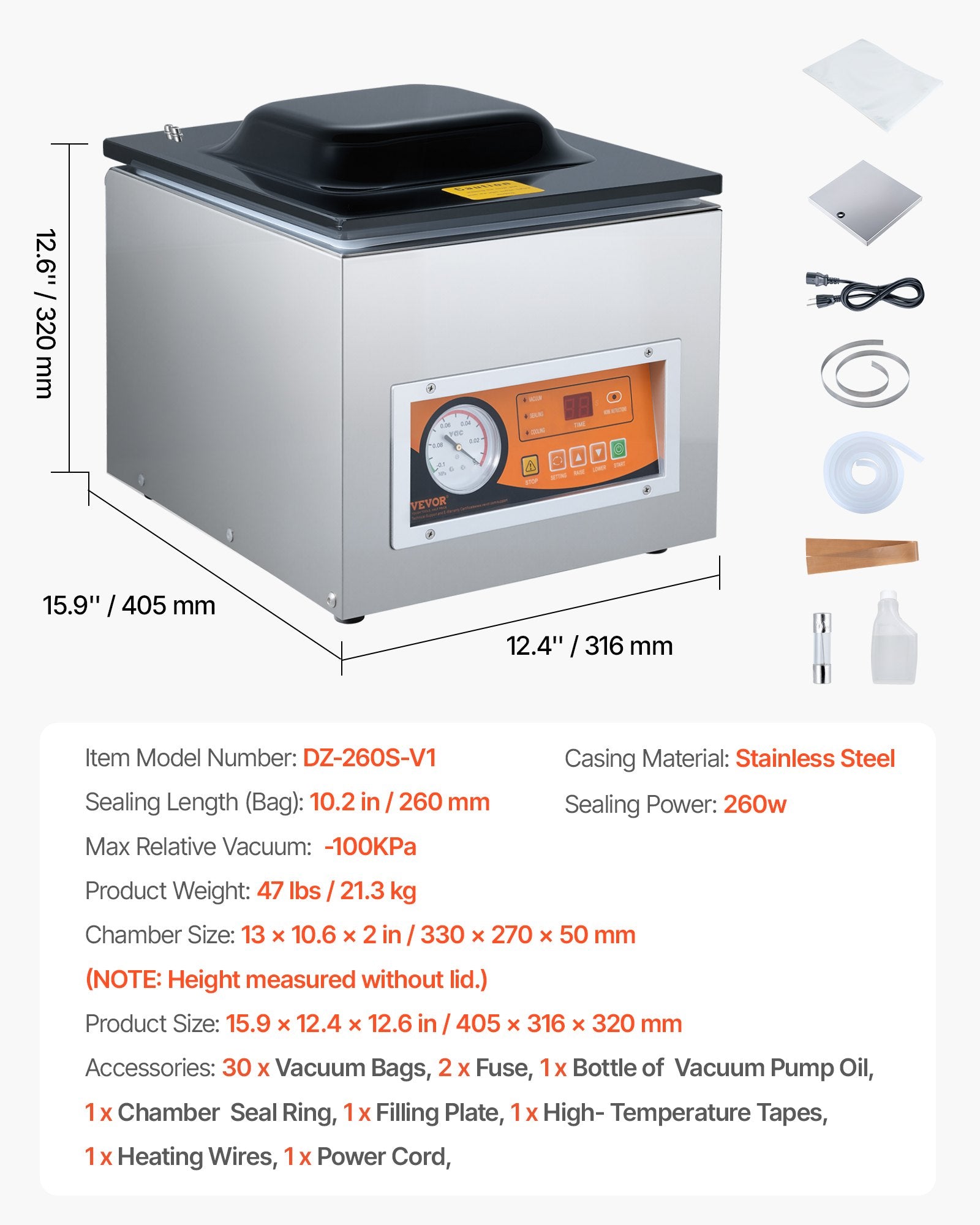 Kamerinis vakuuminis pakavimo aparatas VEVOR DZ-260S-V2, 260 W