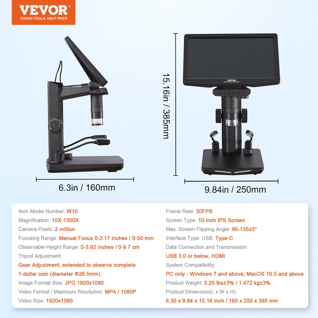Skaitmeninis mikroskopas VEVOR W10, 10-1300X didinimas