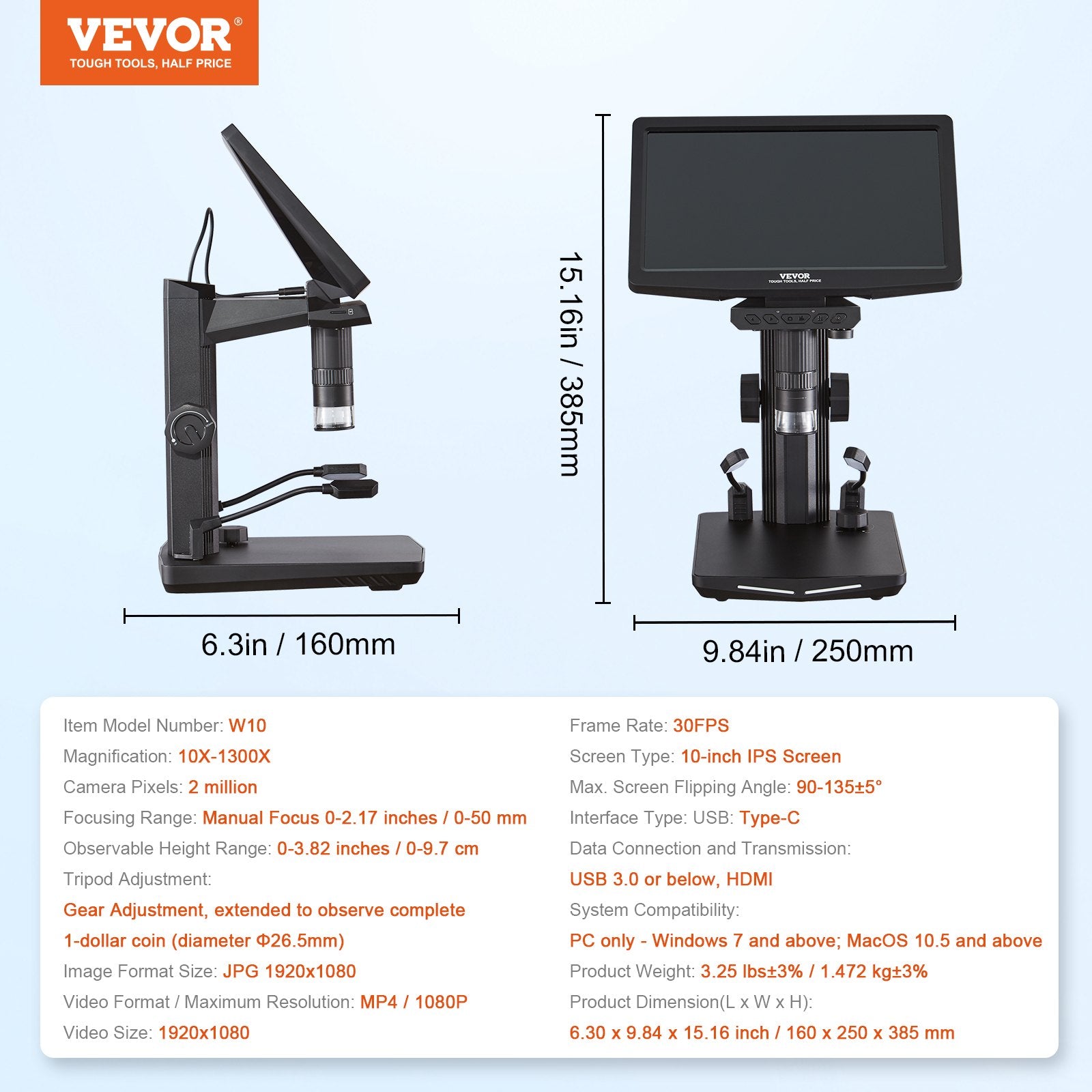 Skaitmeninis mikroskopas VEVOR W10, 10-1300X didinimas