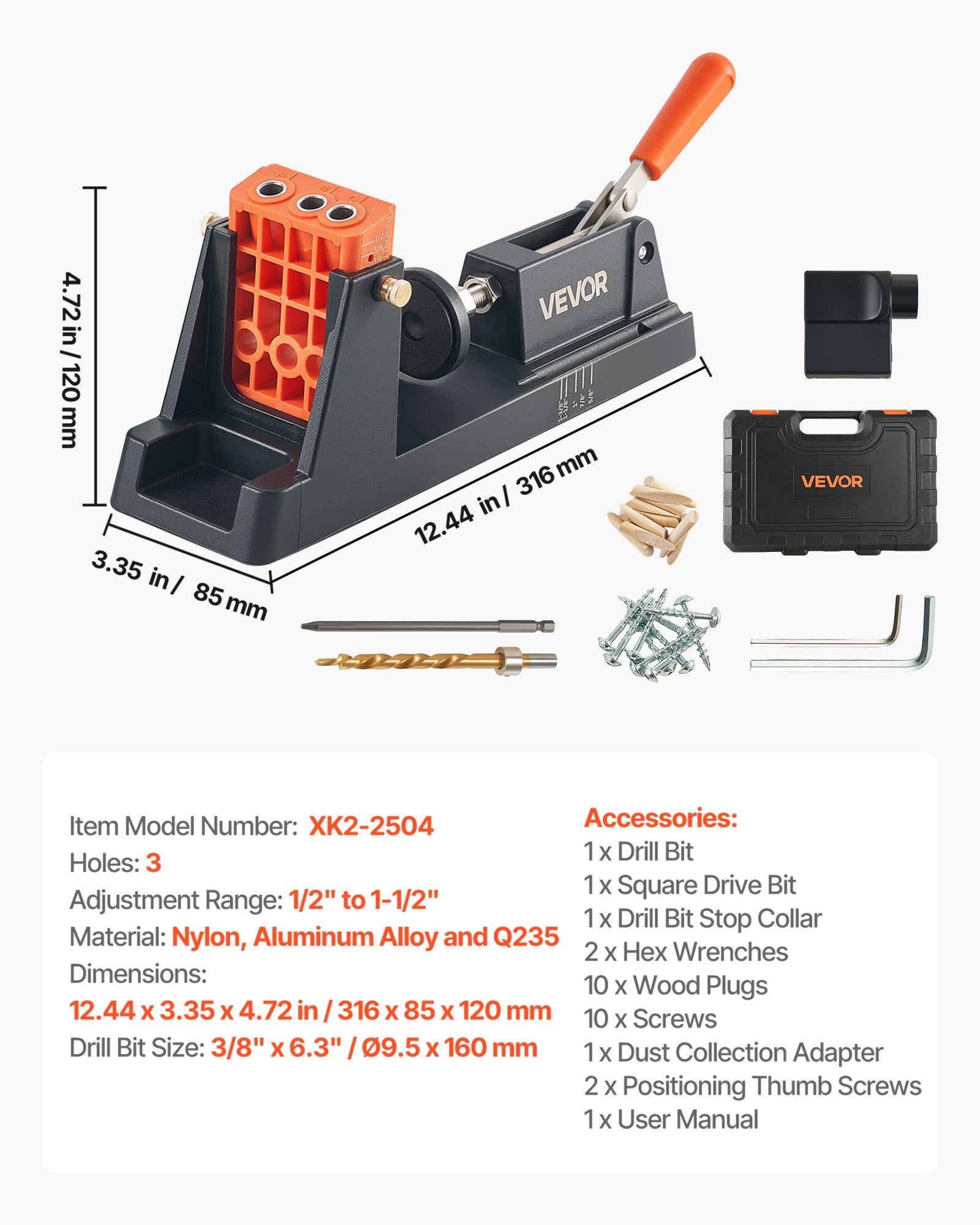 Kišeninių skylių gręžimo šablonas VEVOR XK2-2504, 12,7–38,1 mm reguliavimas