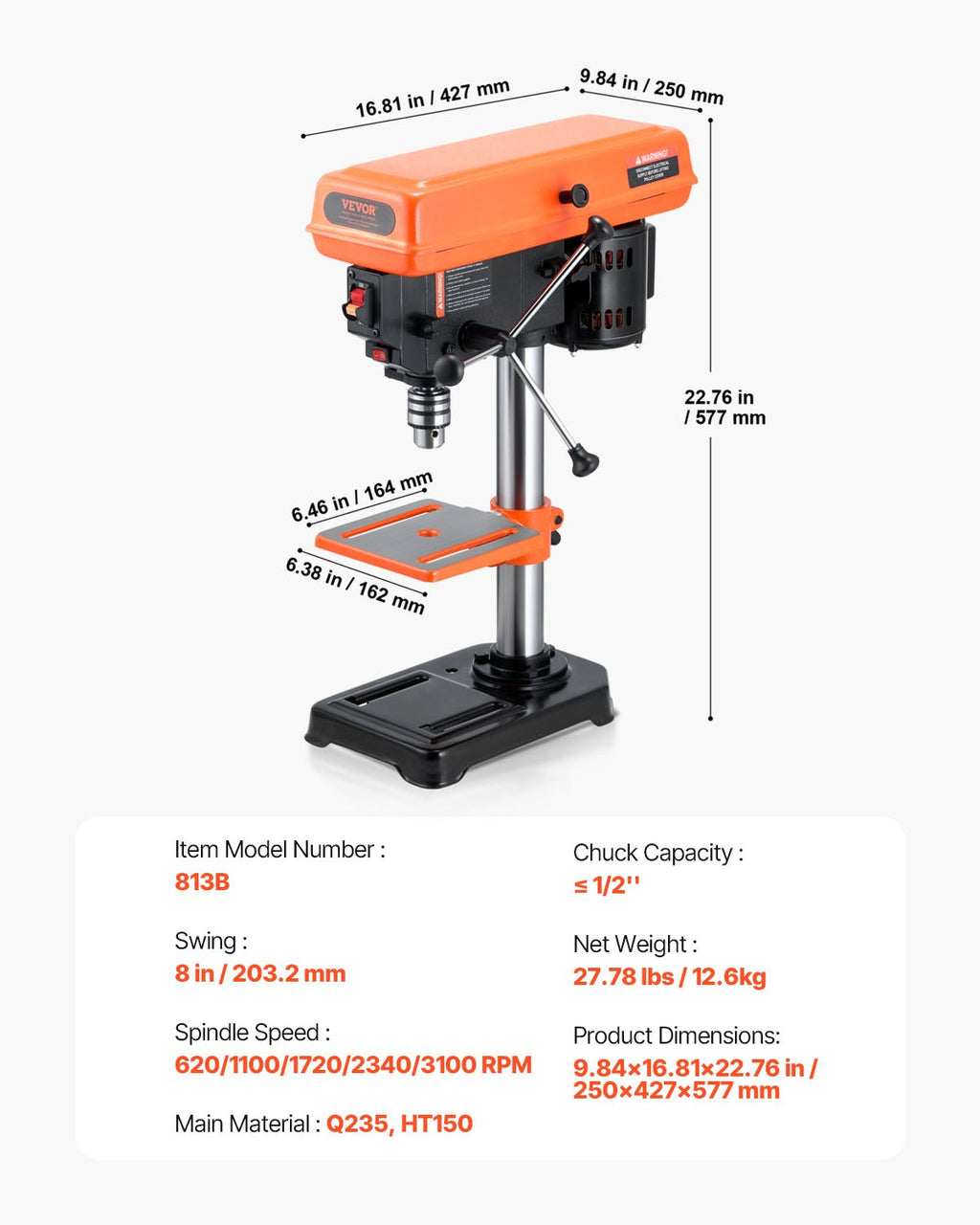 Stalinės gręžimo staklės VEVOR DP20013B, 500 W