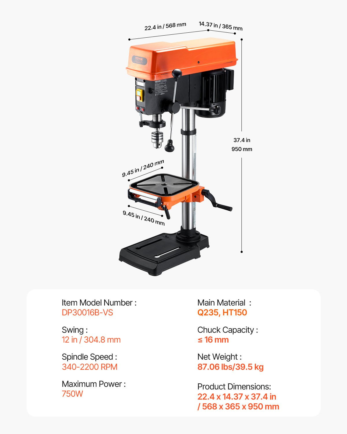 Stalinės gręžimo staklės VEVOR DP30016B-VS, 750 W