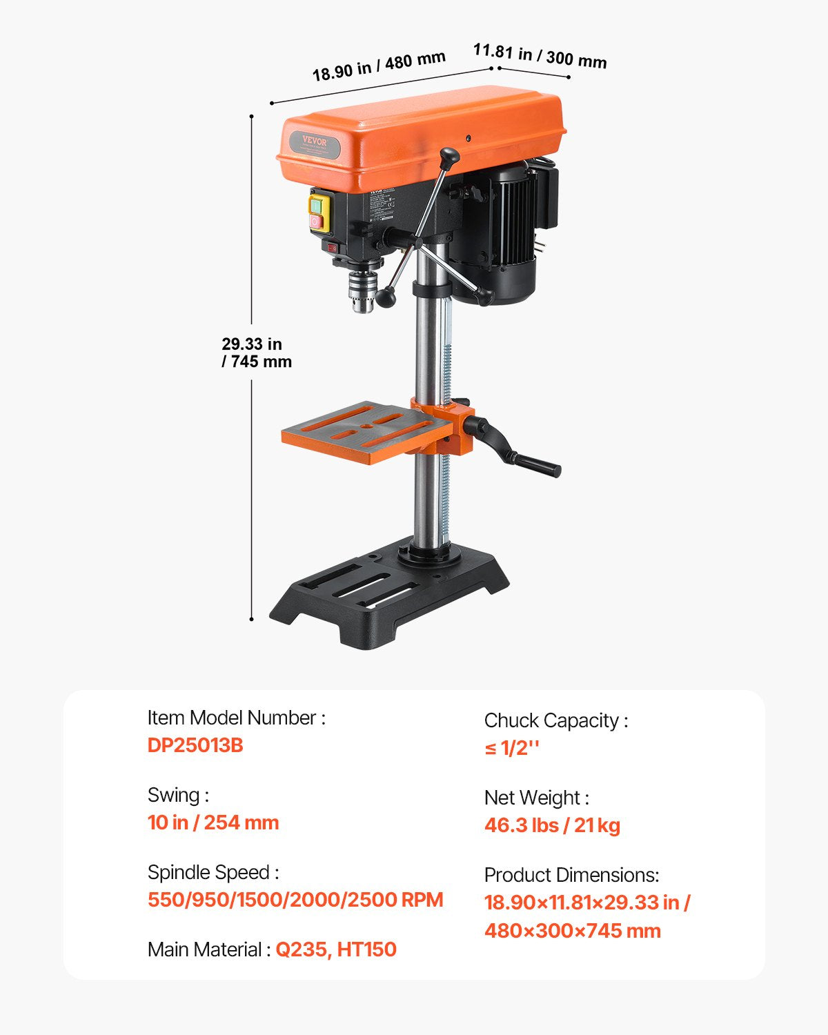 Stalinis gręžtuvas VEVOR DP25013B, 550 W