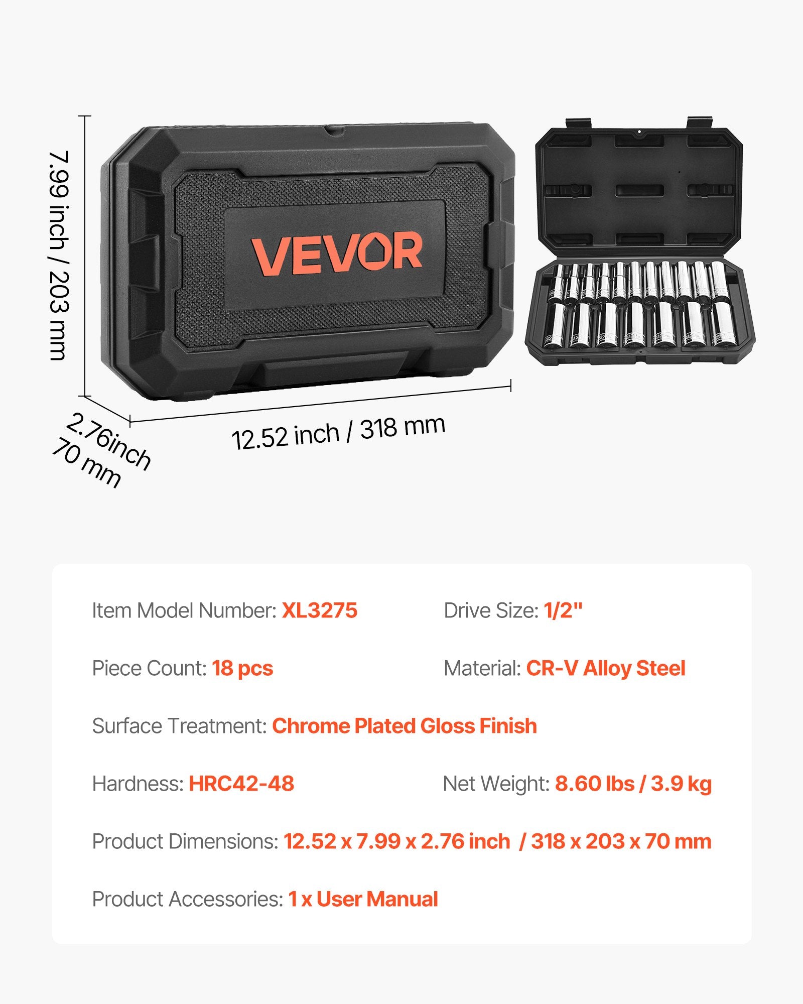 Galvučių raktų rinkinys VEVOR XL3275, 18 dalių