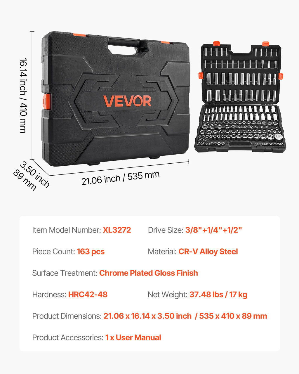 Galvučių raktų rinkinys VEVOR XL3272, 163 dalių