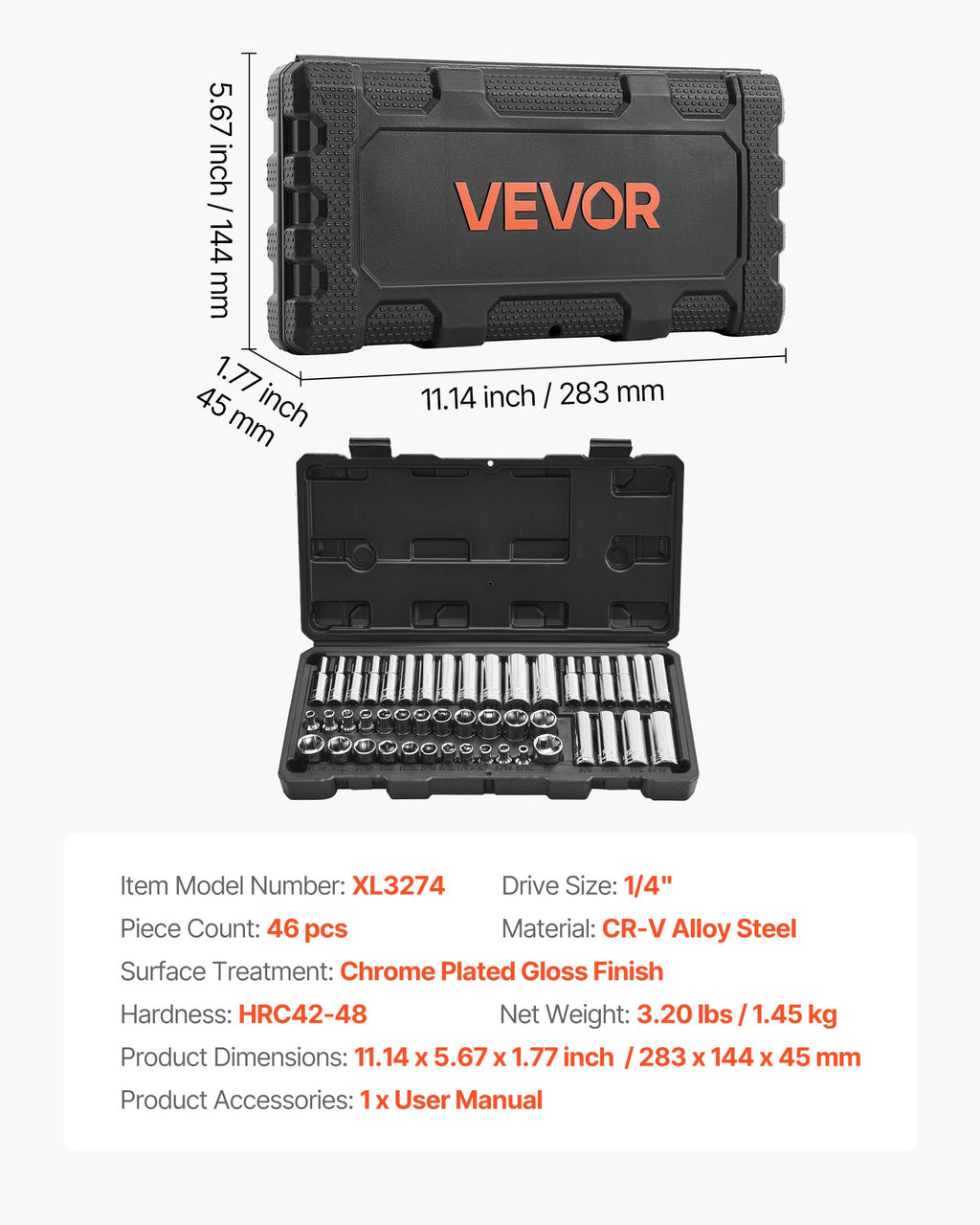 Galvučių raktų rinkinys VEVOR XL3274, 46 dalių
