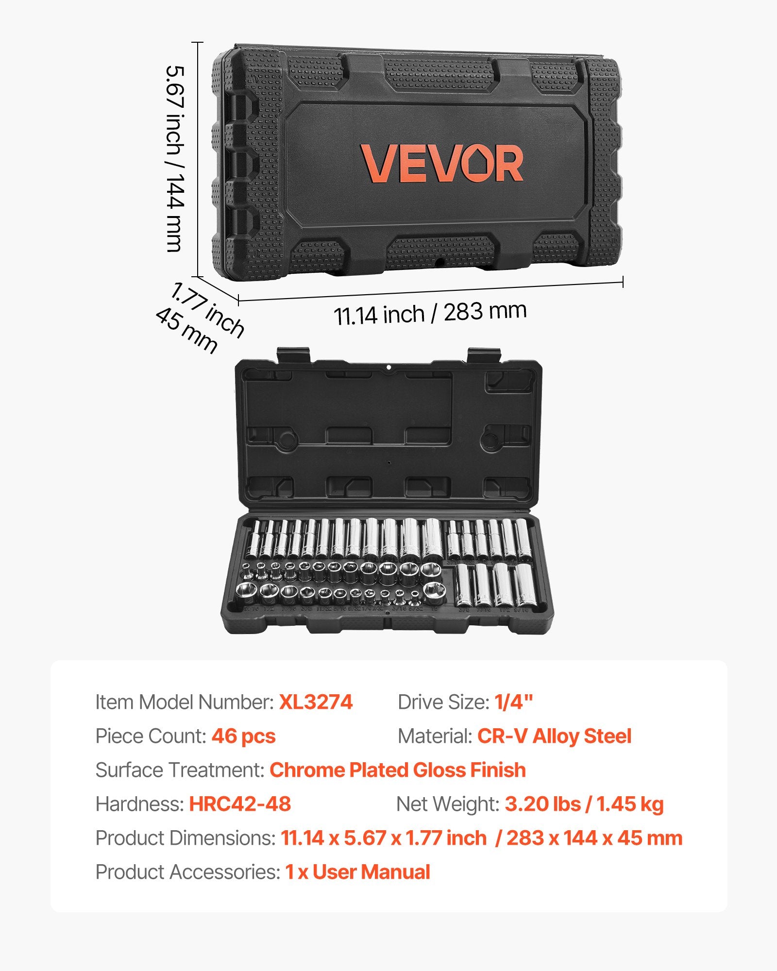 Galvučių raktų rinkinys VEVOR XL3274, 46 dalių