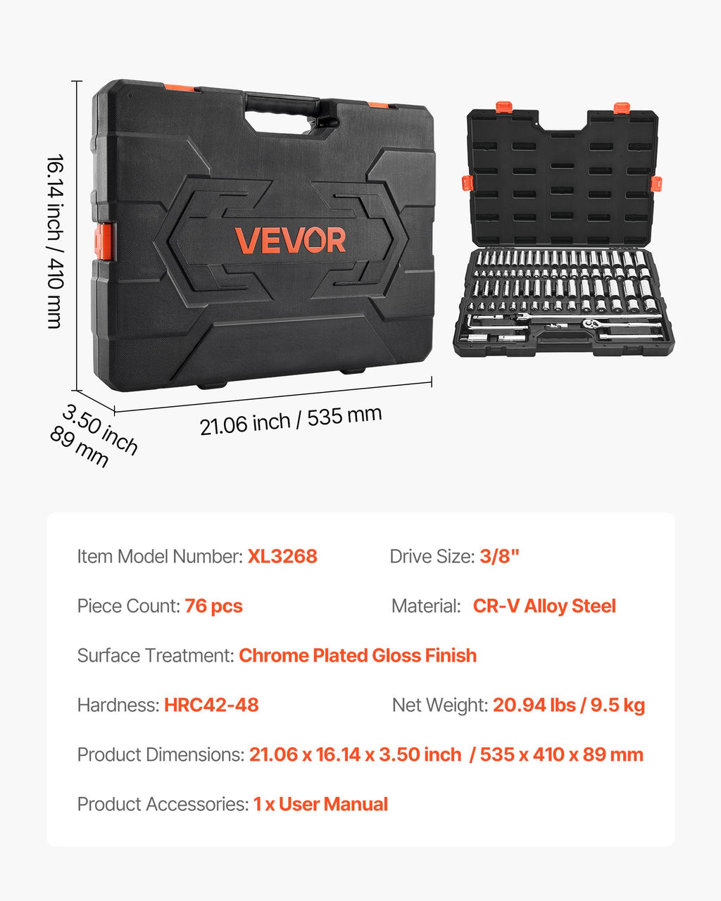 Galvučių ir raktų rinkinys VEVOR XL3268, 76 dalių