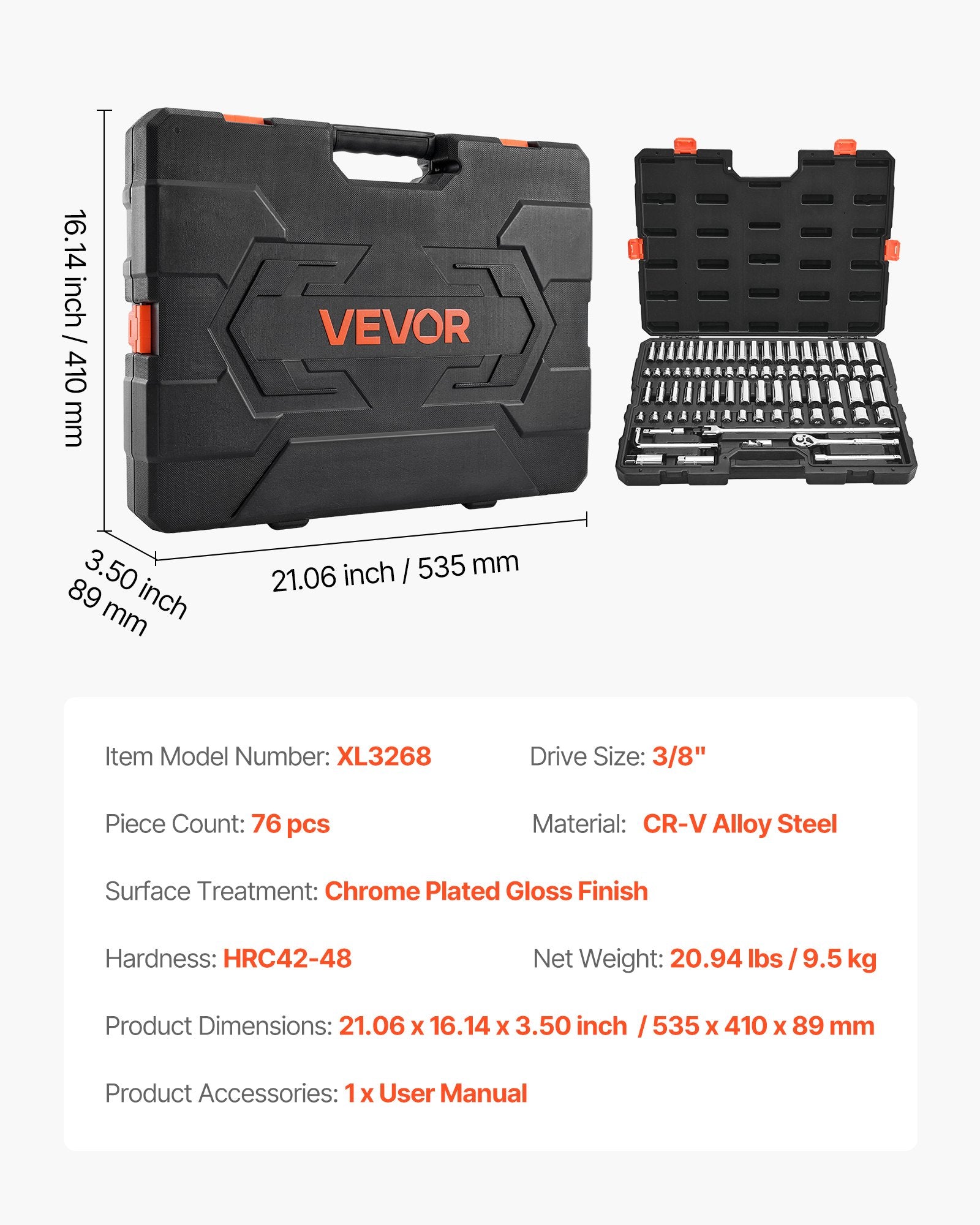 Galvučių ir raktų rinkinys VEVOR XL3268, 76 dalių