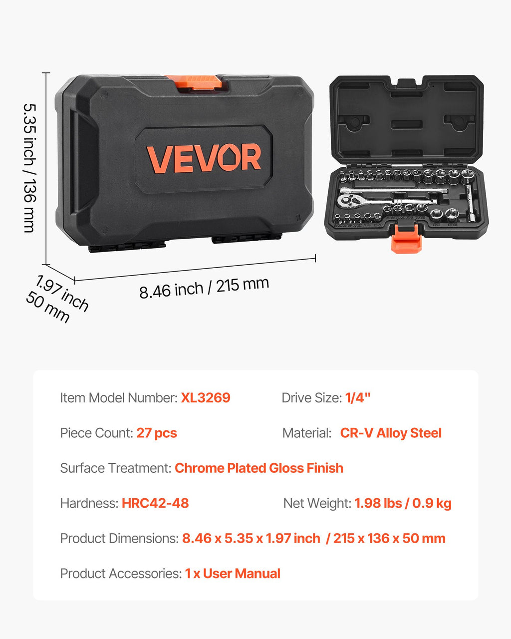 Galvučių ir raktų rinkinys VEVOR XL3269, 27 dalių