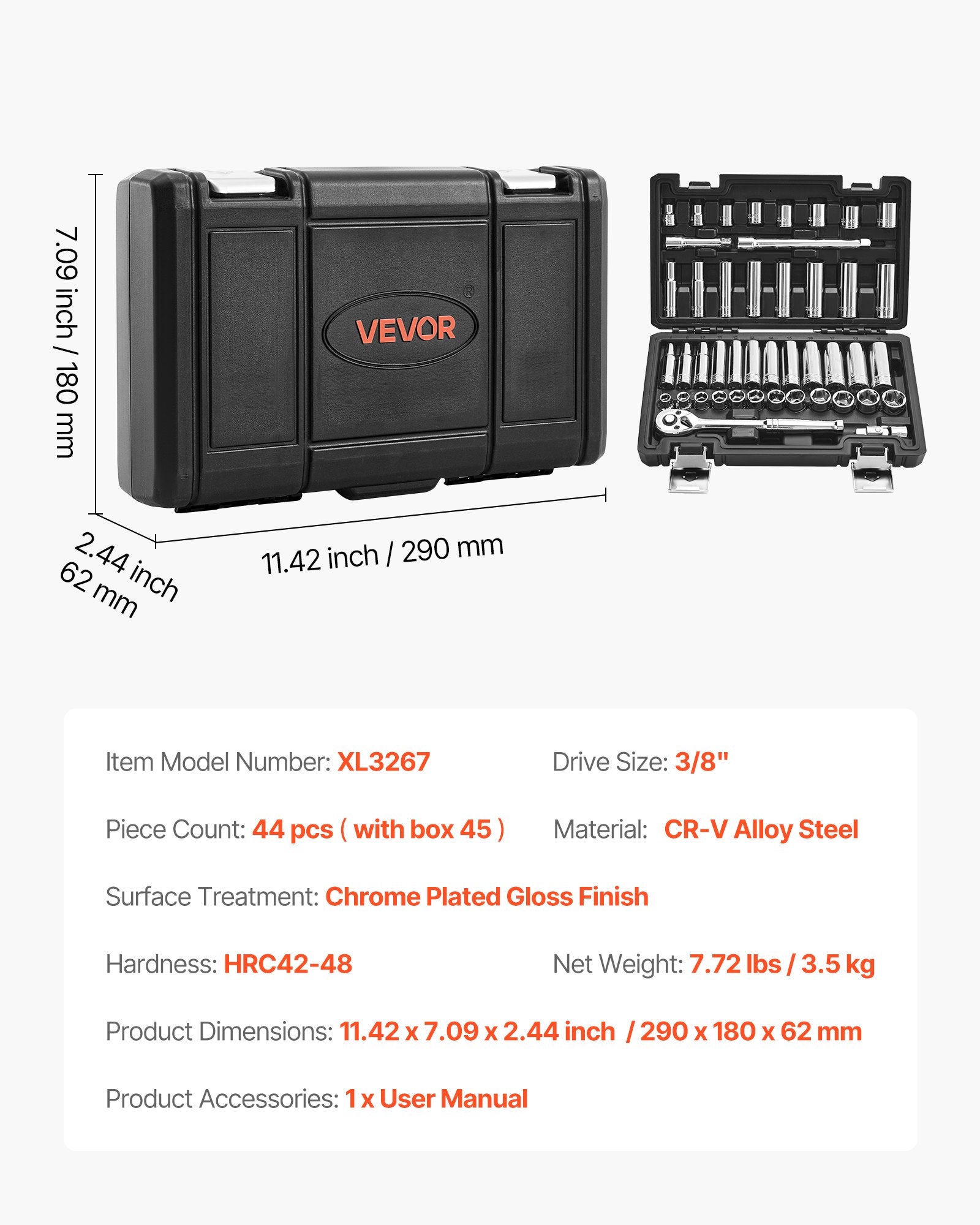 Galvučių ir raktų rinkinys VEVOR XL3267, 44 dalių