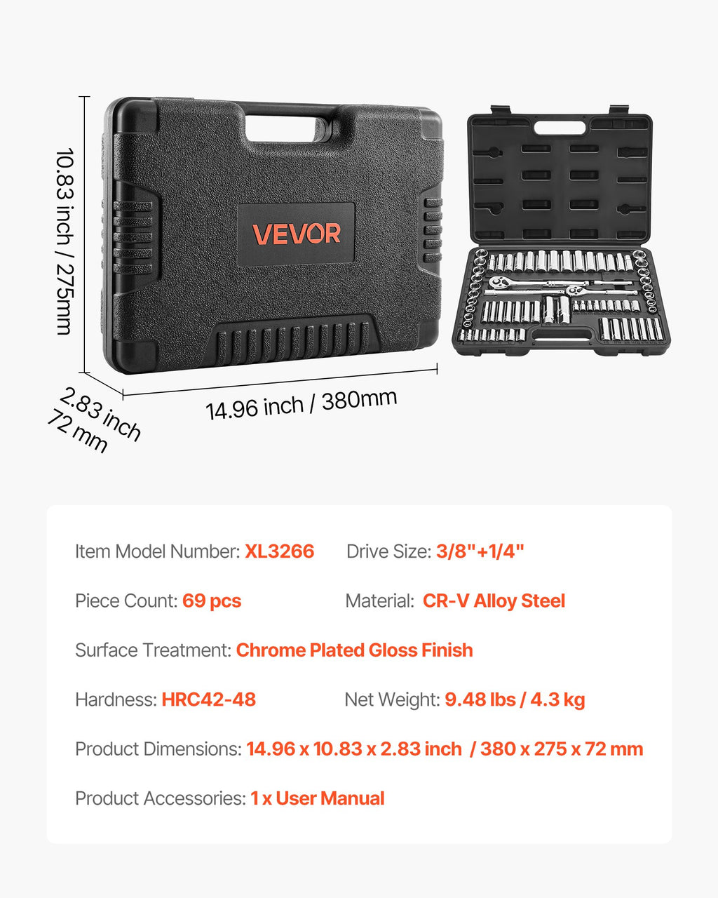 Galvučių ir raktų rinkinys VEVOR XL3266, 69 dalių