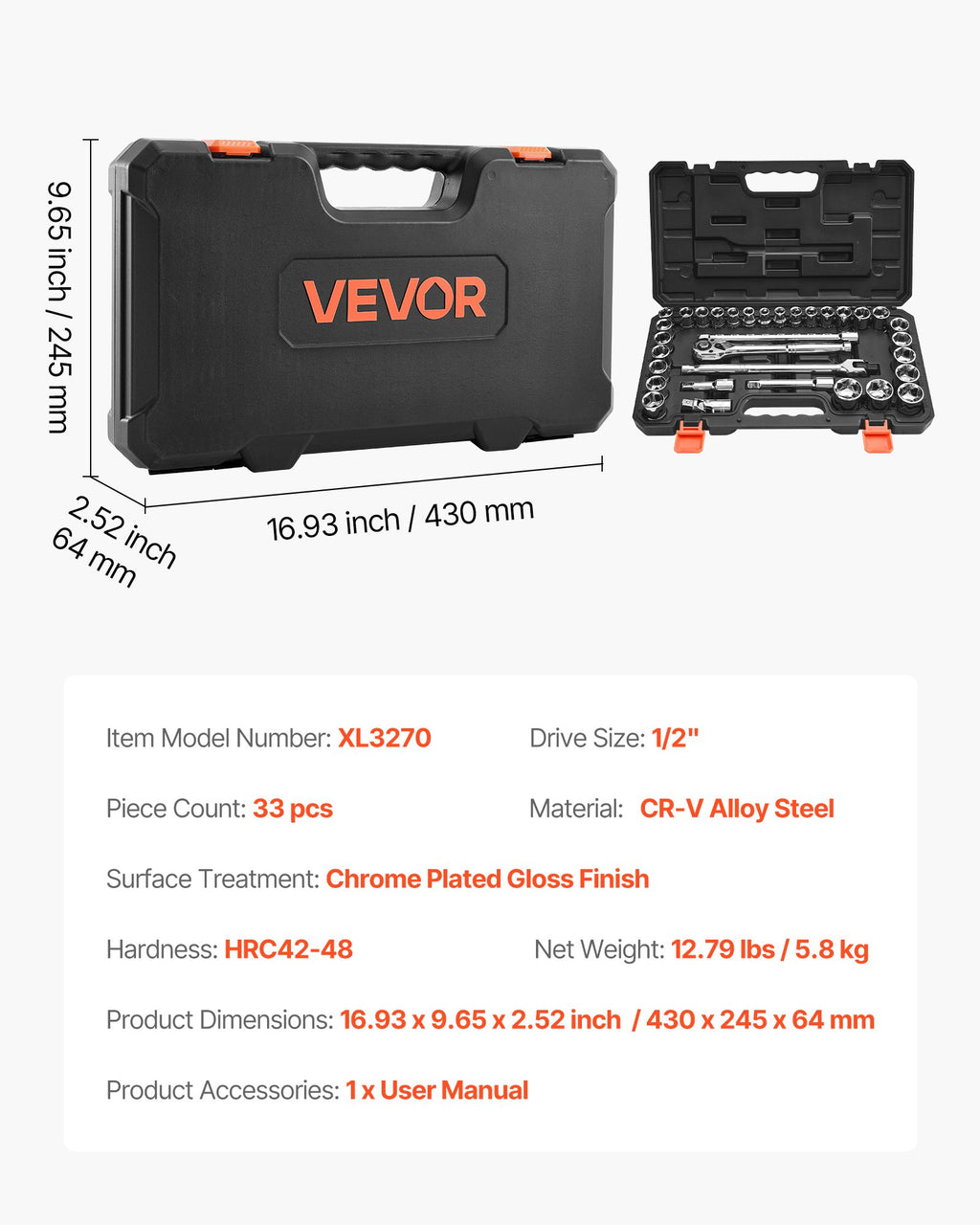 Galvučių ir raktų rinkinys VEVOR XL3270, 33 dalių