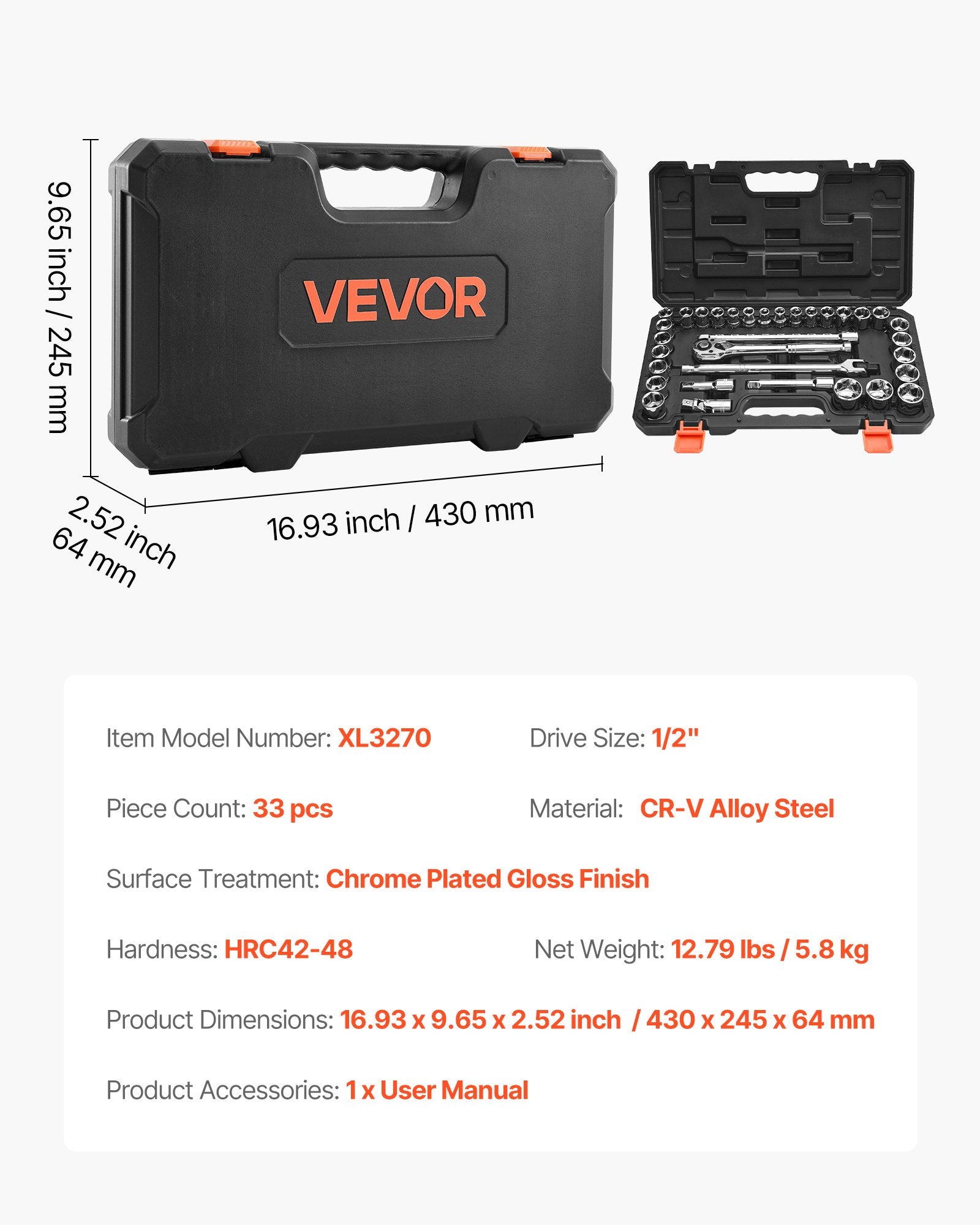 Galvučių ir raktų rinkinys VEVOR XL3270, 33 dalių