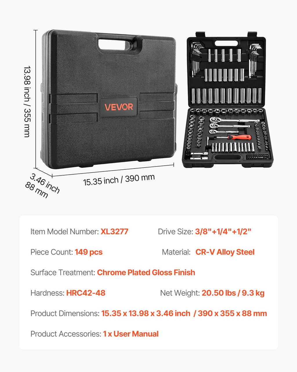 Galvučių ir raktų rinkinys VEVOR XL3277, 149 dalių