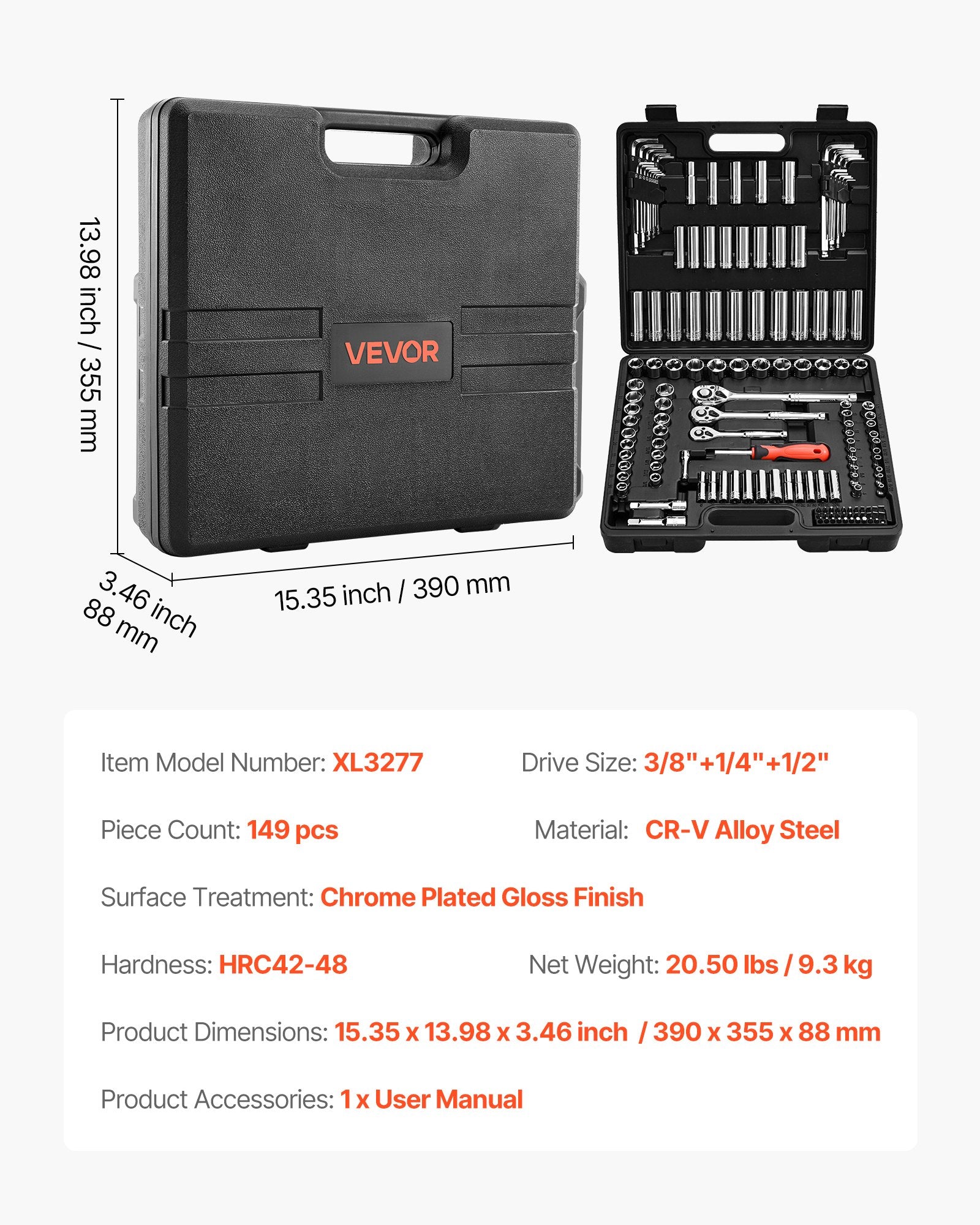 Galvučių ir raktų rinkinys VEVOR XL3277, 149 dalių
