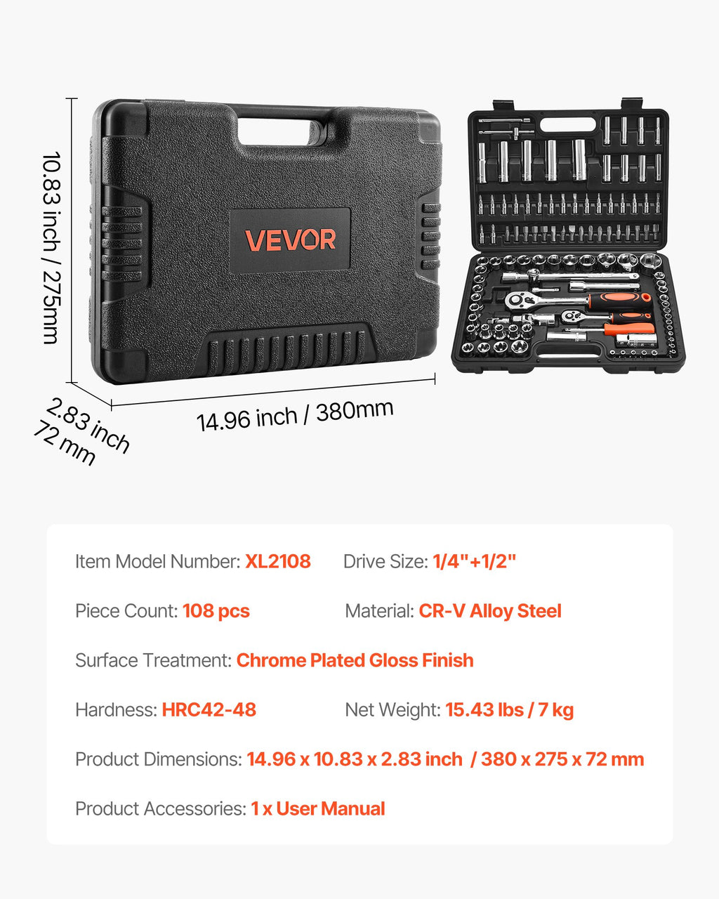 Galvučių ir raktų rinkinys VEVOR XL2108, 108 dalių