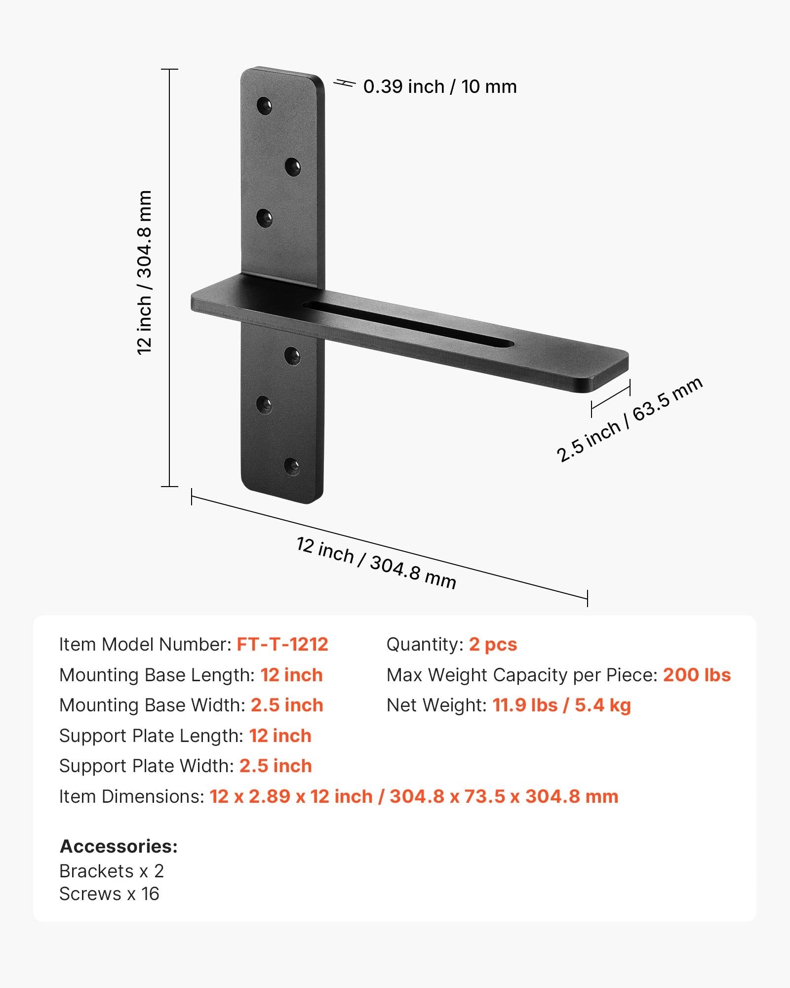 Lentynų laikikliai VEVOR FT-T-1212, 90 kg apkrova
