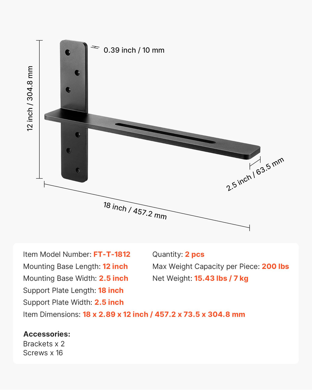 T formos lentynų laikikliai VEVOR FT-T-1812, 90 kg apkrova