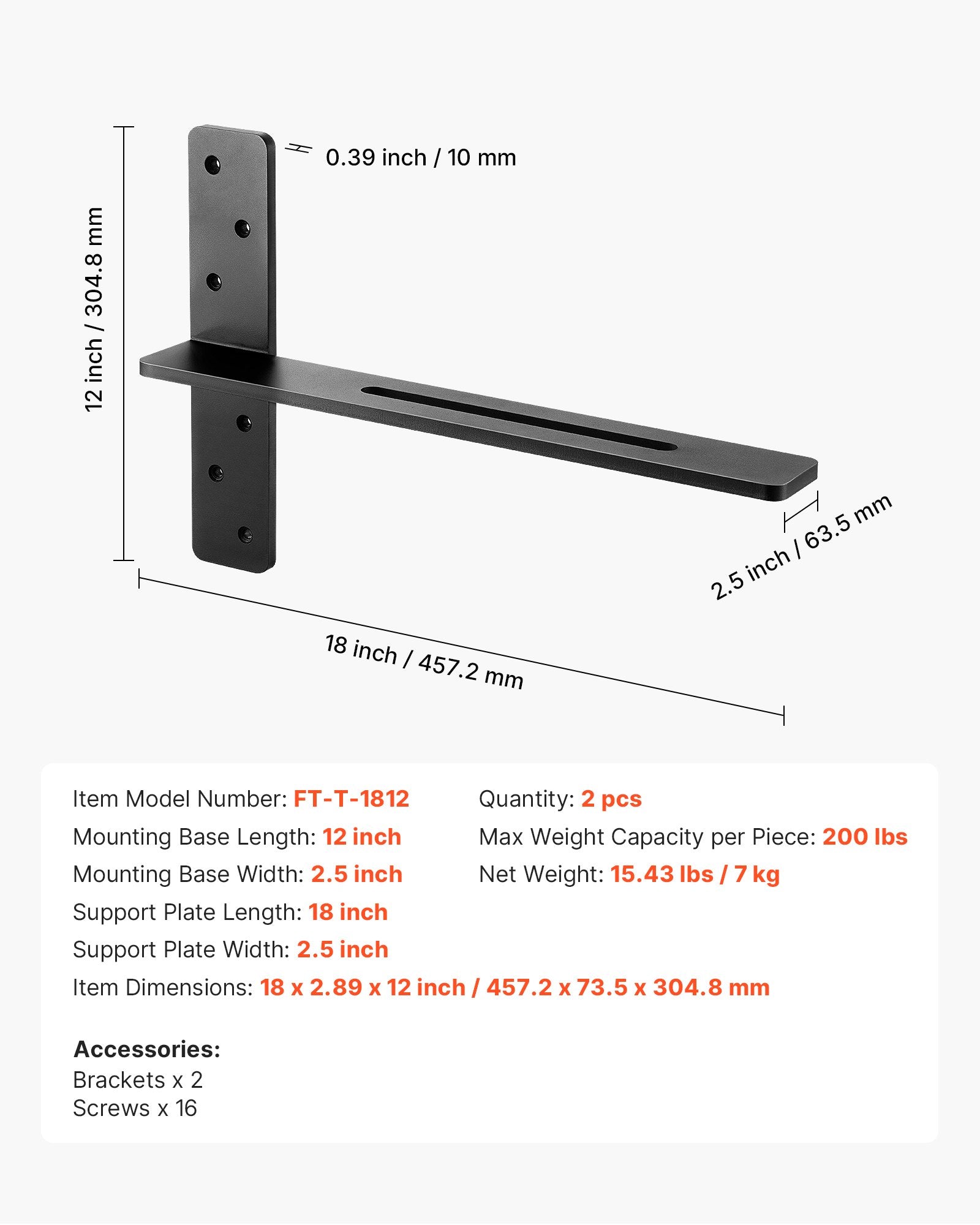 T formos lentynų laikikliai VEVOR FT-T-1812, 90 kg apkrova