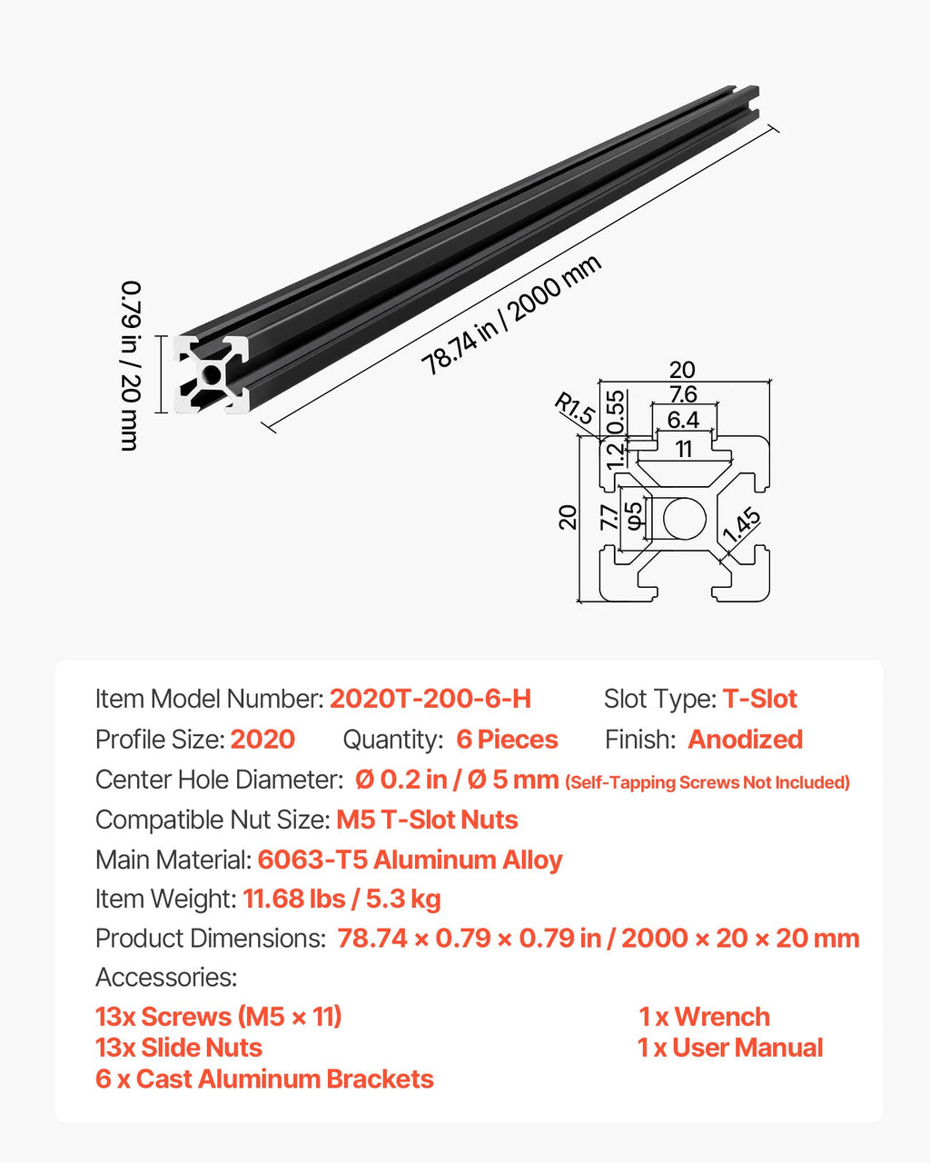 Aliuminio profilis VEVOR 2020T-200-6-H, 2000 mm, 6 vnt.