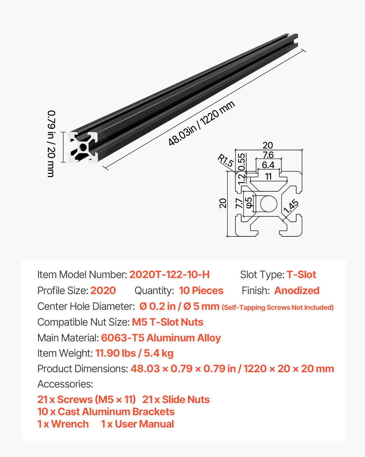 Aliuminio profilis VEVOR 2020T-122-10-H, 1220 mm, 10 vnt.