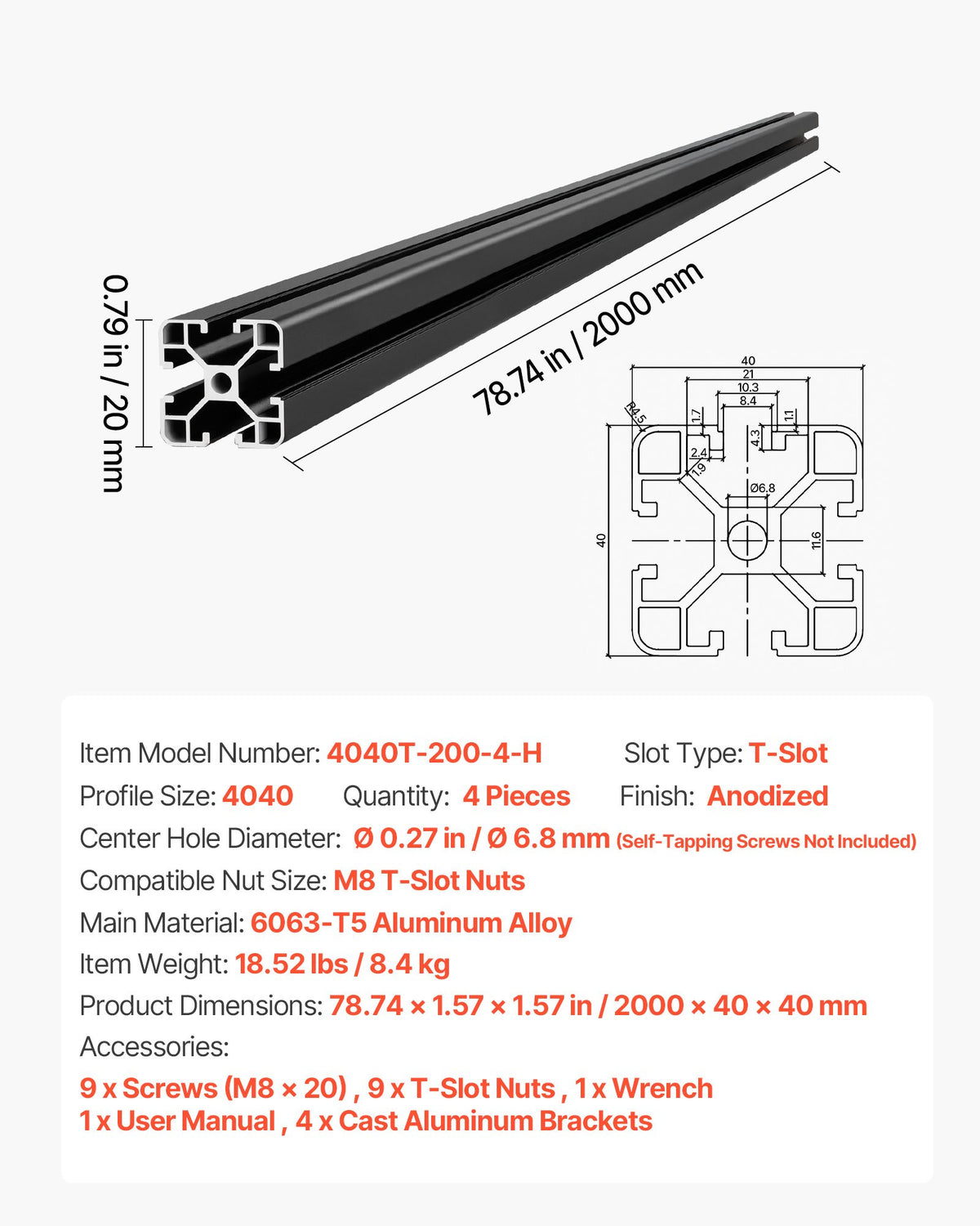 Aliuminio profilis VEVOR 4040T-200-4-H, 2000 mm, 4 vnt.