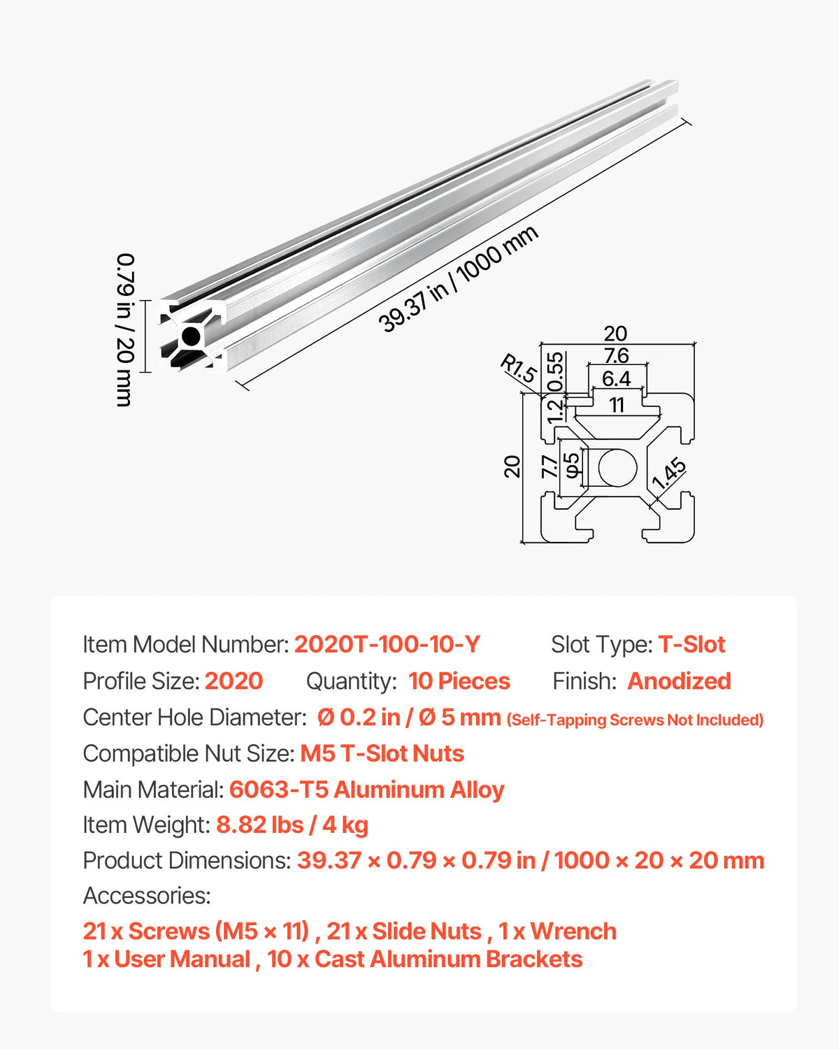 Aliuminio profilių rinkinys VEVOR 2020T-100-10-Y, 1000 mm, 10 vnt.