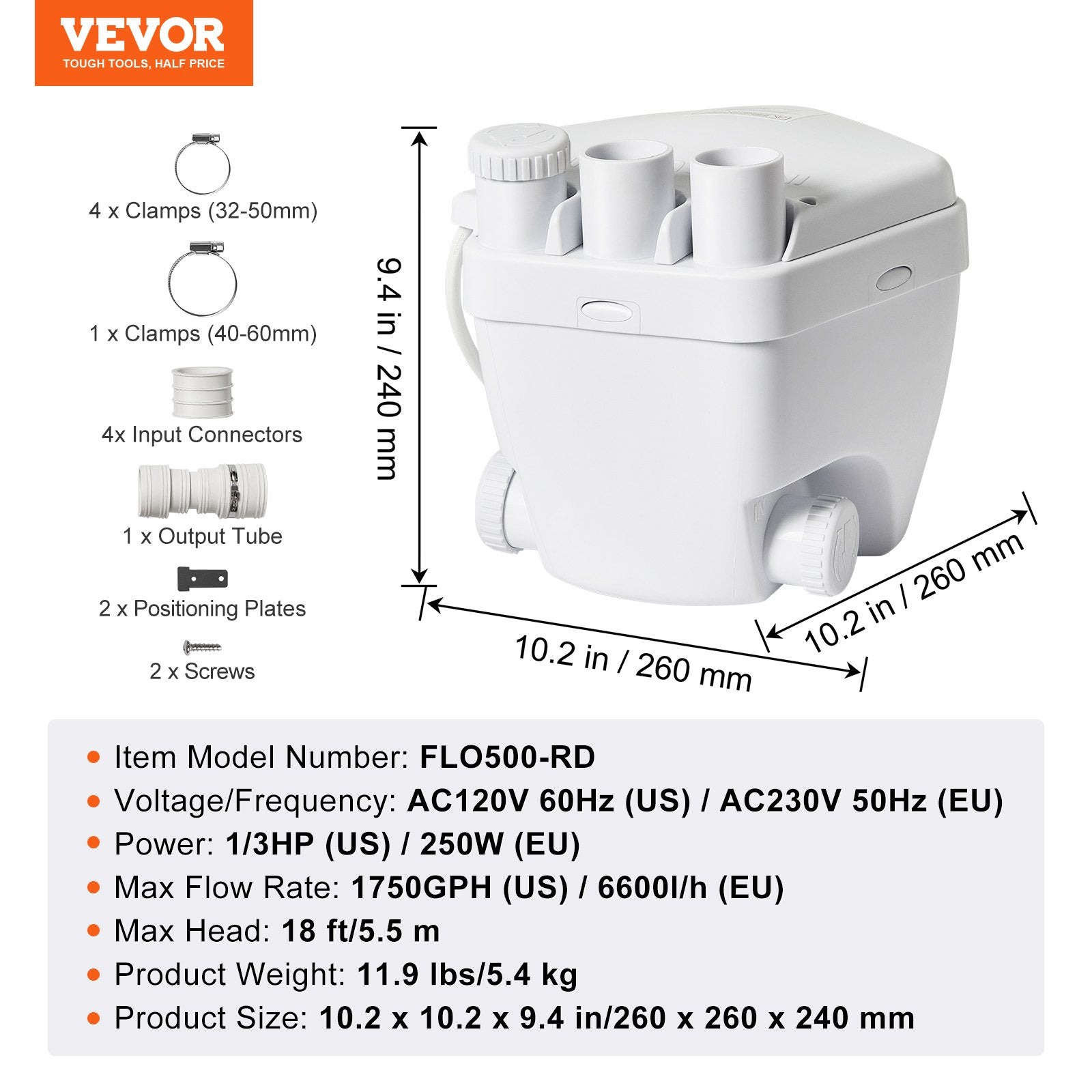 Praustuvo nuotekų siurblys VEVOR FLO500-RD, 200 W